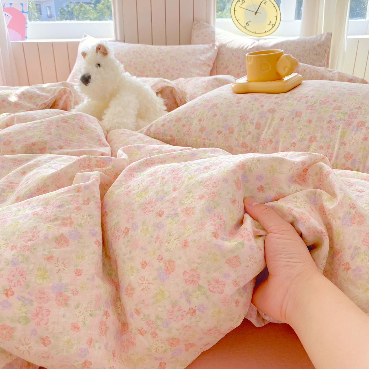 91家纺网 家纺一手货源 找家纺 春皖家纺 2026新款A类全棉有氧双层纱印花四件套单品系列-四件套 旧梦朝花