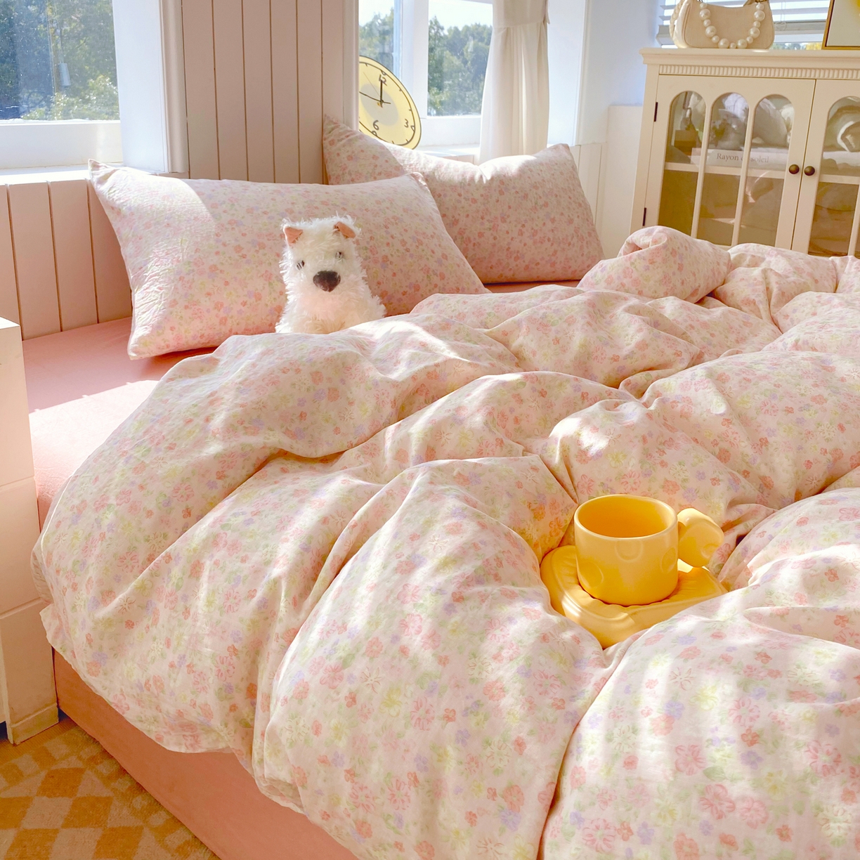 91家纺网 家纺一手货源 找家纺 春皖家纺 2026新款A类全棉有氧双层纱印花四件套单品系列-四件套 旧梦朝花