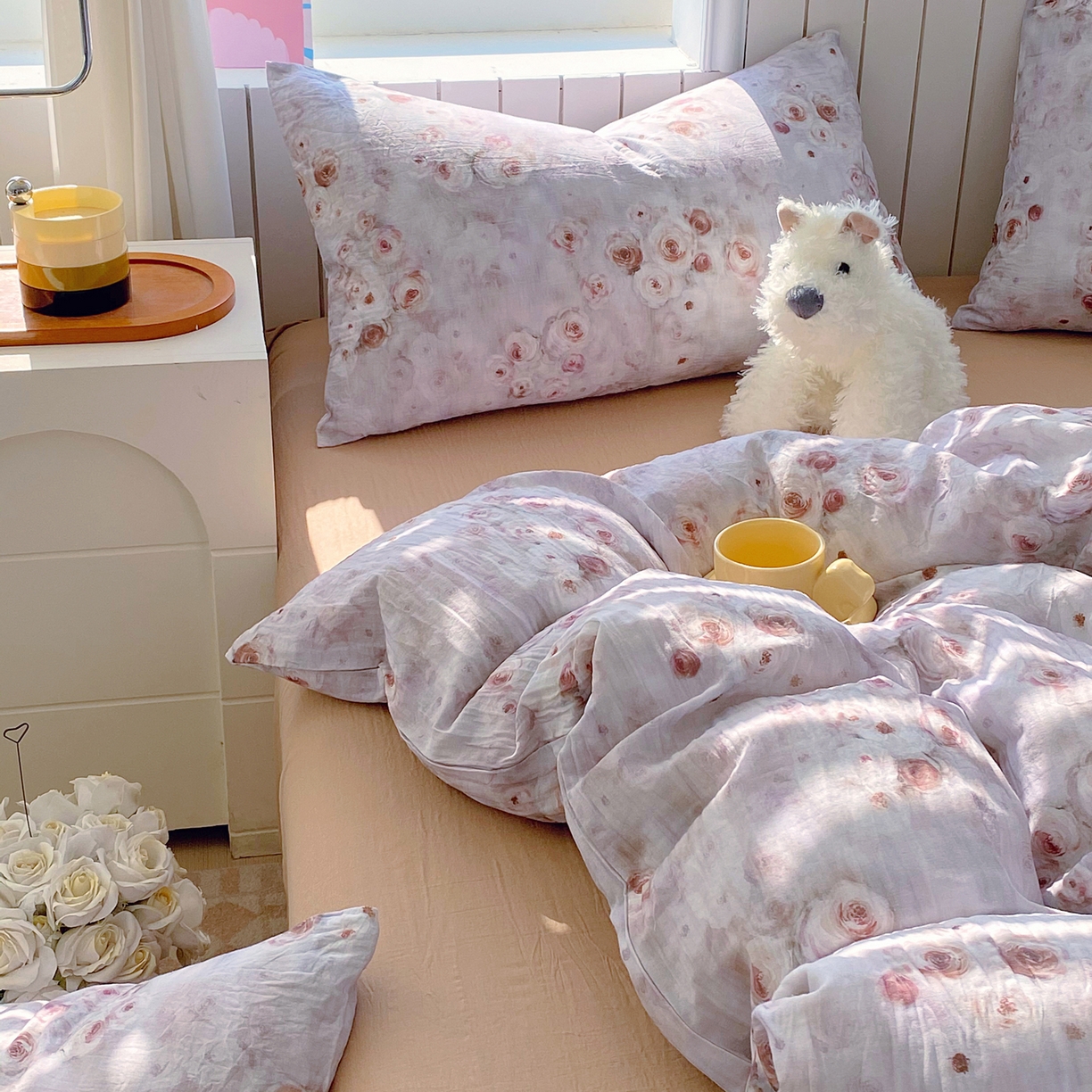 91家纺网 家纺一手货源 找家纺 春皖家纺 2026新款A类全棉有氧双层纱印花四件套单品系列-四件套 雾棕