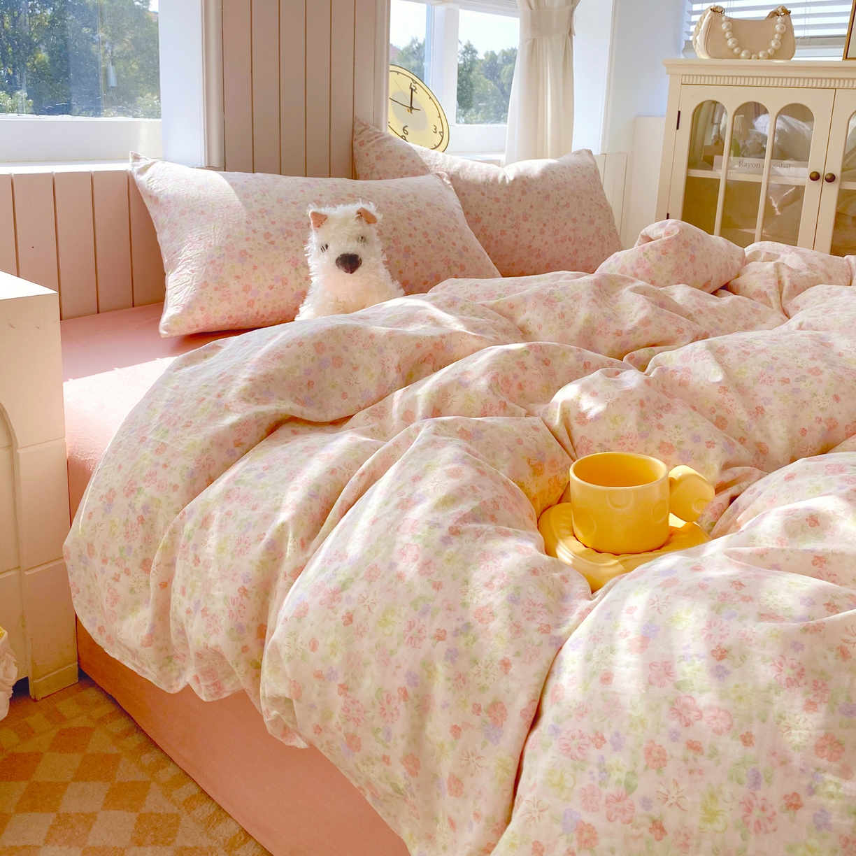 91家纺网 家纺一手货源 找家纺 春皖家纺 2026新款A类全棉有氧双层纱印花四件套单品系列-四件套 旧梦朝花