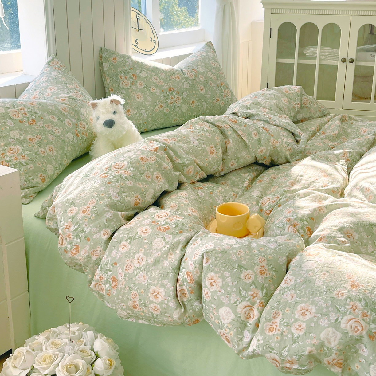 91家纺网 家纺一手货源 找家纺 春皖家纺 2026新款A类全棉有氧双层纱印花四件套单品系列-四件套 青茵