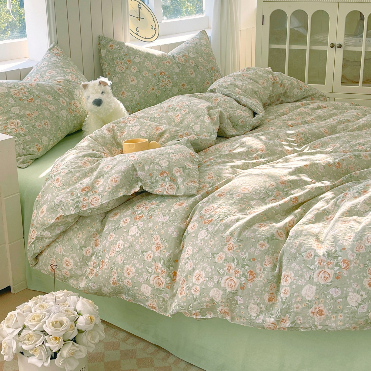 91家纺网 家纺一手货源 找家纺 春皖家纺 2026新款A类全棉有氧双层纱印花四件套单品系列-四件套 青茵