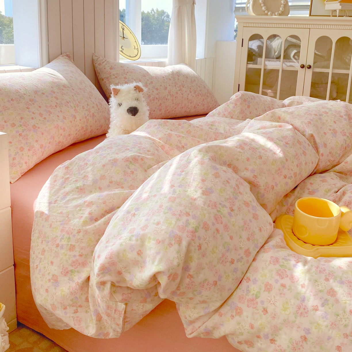 91家纺网 家纺一手货源 找家纺 春皖家纺 2026新款A类全棉有氧双层纱印花四件套单品系列-四件套 旧梦朝花