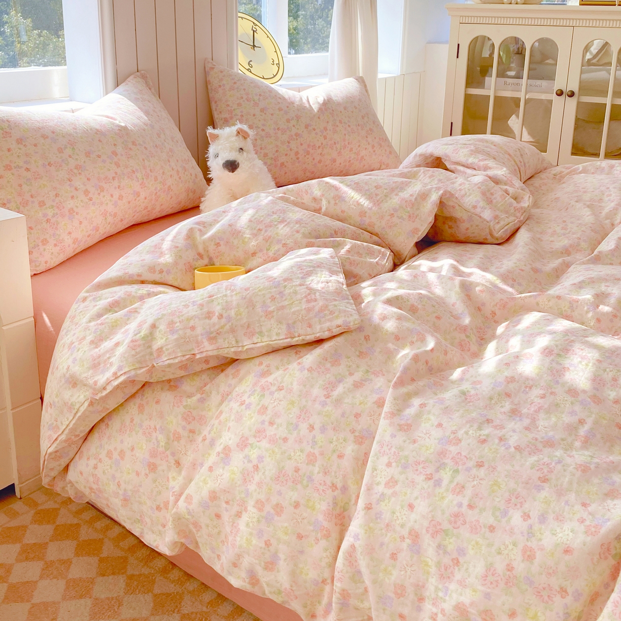 91家纺网 家纺一手货源 找家纺 春皖家纺 2026新款A类全棉有氧双层纱印花四件套单品系列-四件套 旧梦朝花