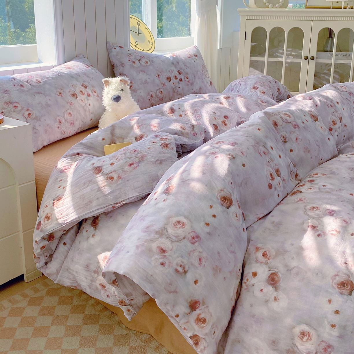 91家纺网 家纺一手货源 找家纺 春皖家纺 2026新款A类全棉有氧双层纱印花四件套单品系列-四件套 雾棕