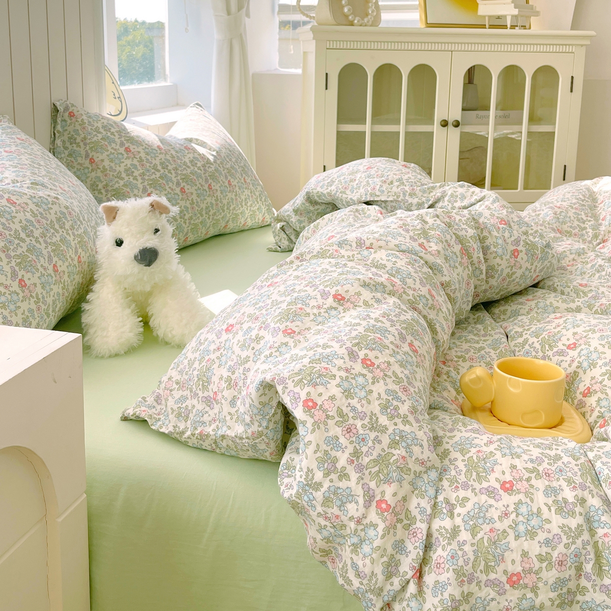 91家纺网 家纺一手货源 找家纺 春皖家纺 2026新款A类全棉有氧双层纱印花四件套单品系列-四件套 花町