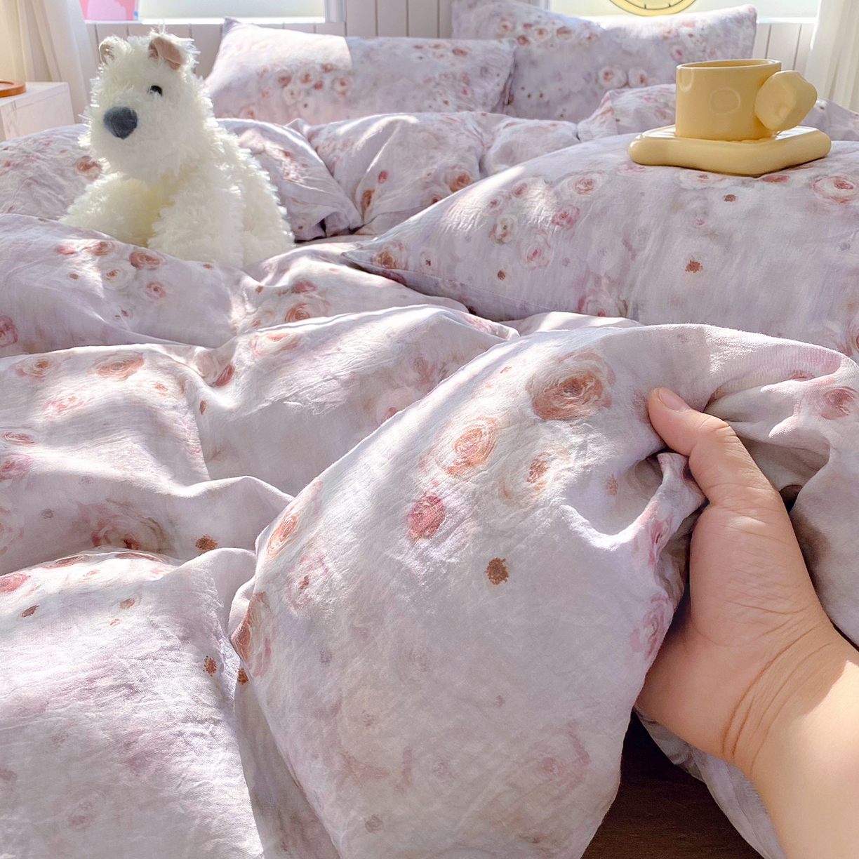 91家纺网 家纺一手货源 找家纺 春皖家纺 2026新款A类全棉有氧双层纱印花四件套单品系列-四件套 雾棕