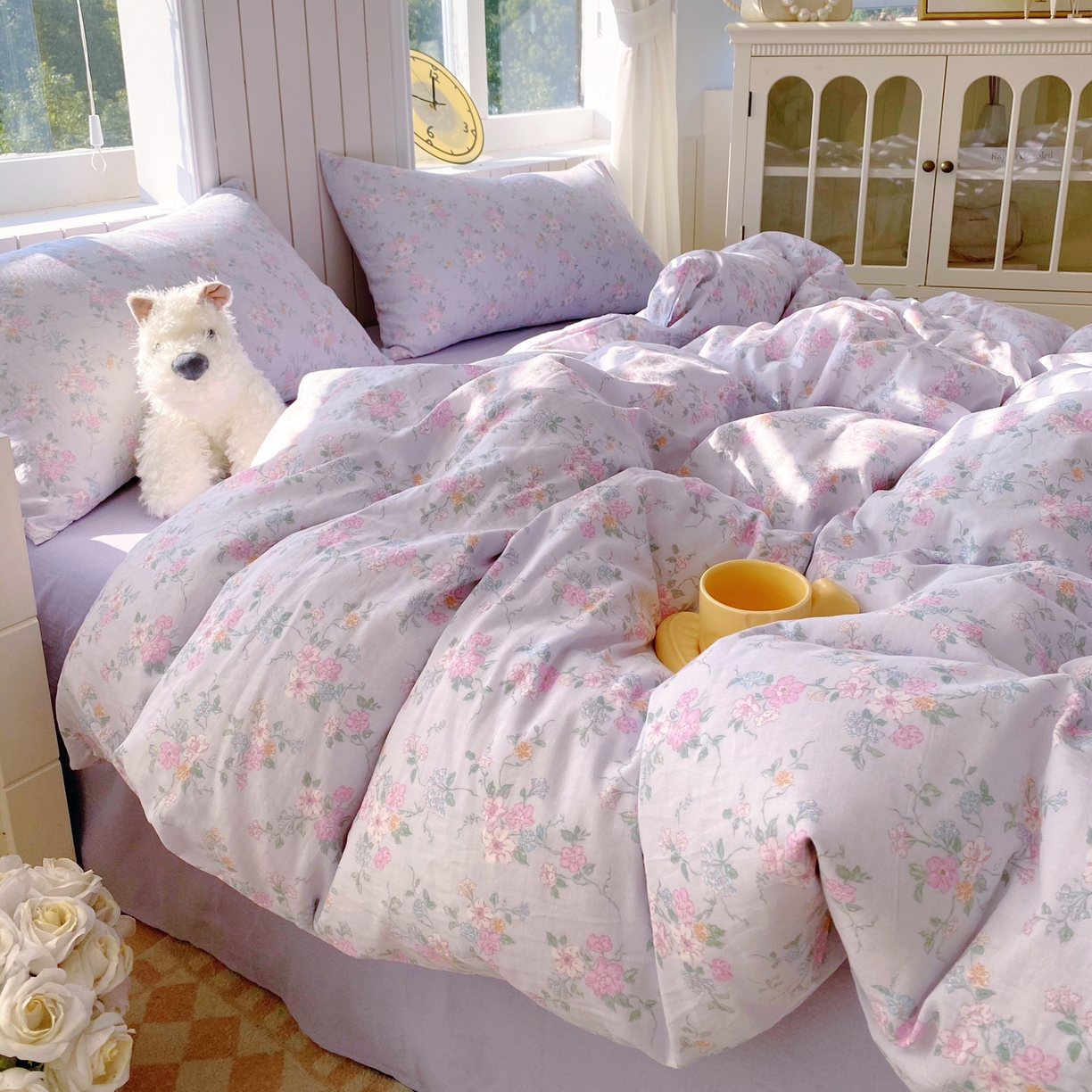 91家纺网 家纺一手货源 找家纺 春皖家纺 2026新款A类全棉有氧双层纱印花四件套单品系列-四件套 雾色里德