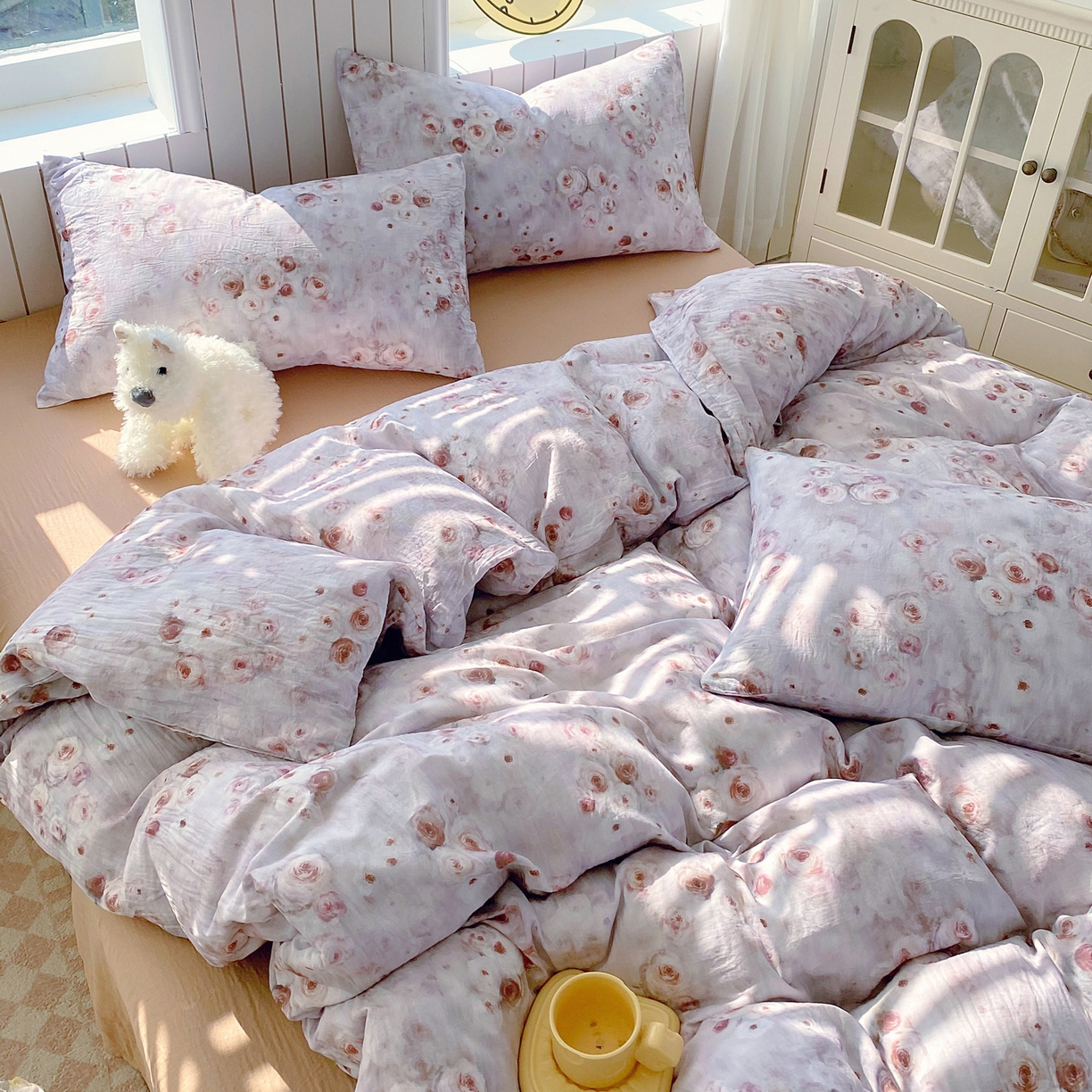 91家纺网 家纺一手货源 找家纺 春皖家纺 2026新款A类全棉有氧双层纱印花四件套单品系列-四件套 雾棕