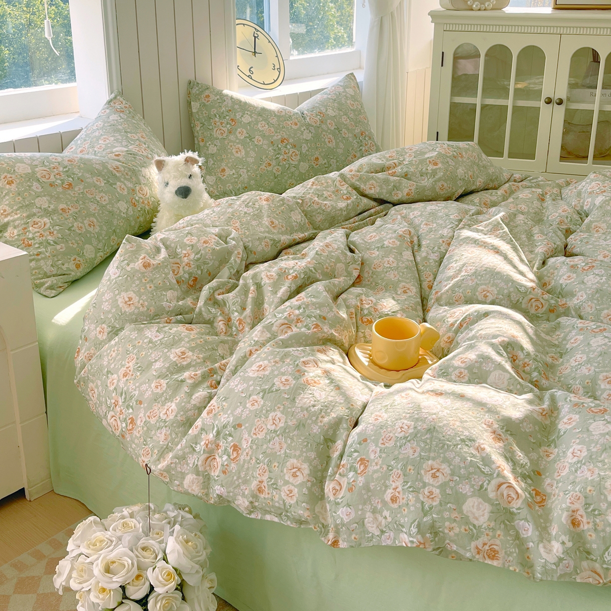 91家纺网 家纺一手货源 找家纺 春皖家纺 2026新款A类全棉有氧双层纱印花四件套单品系列-四件套 青茵