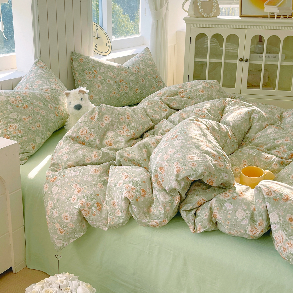 91家纺网 家纺一手货源 找家纺 春皖家纺 2026新款A类全棉有氧双层纱印花四件套单品系列-四件套 青茵