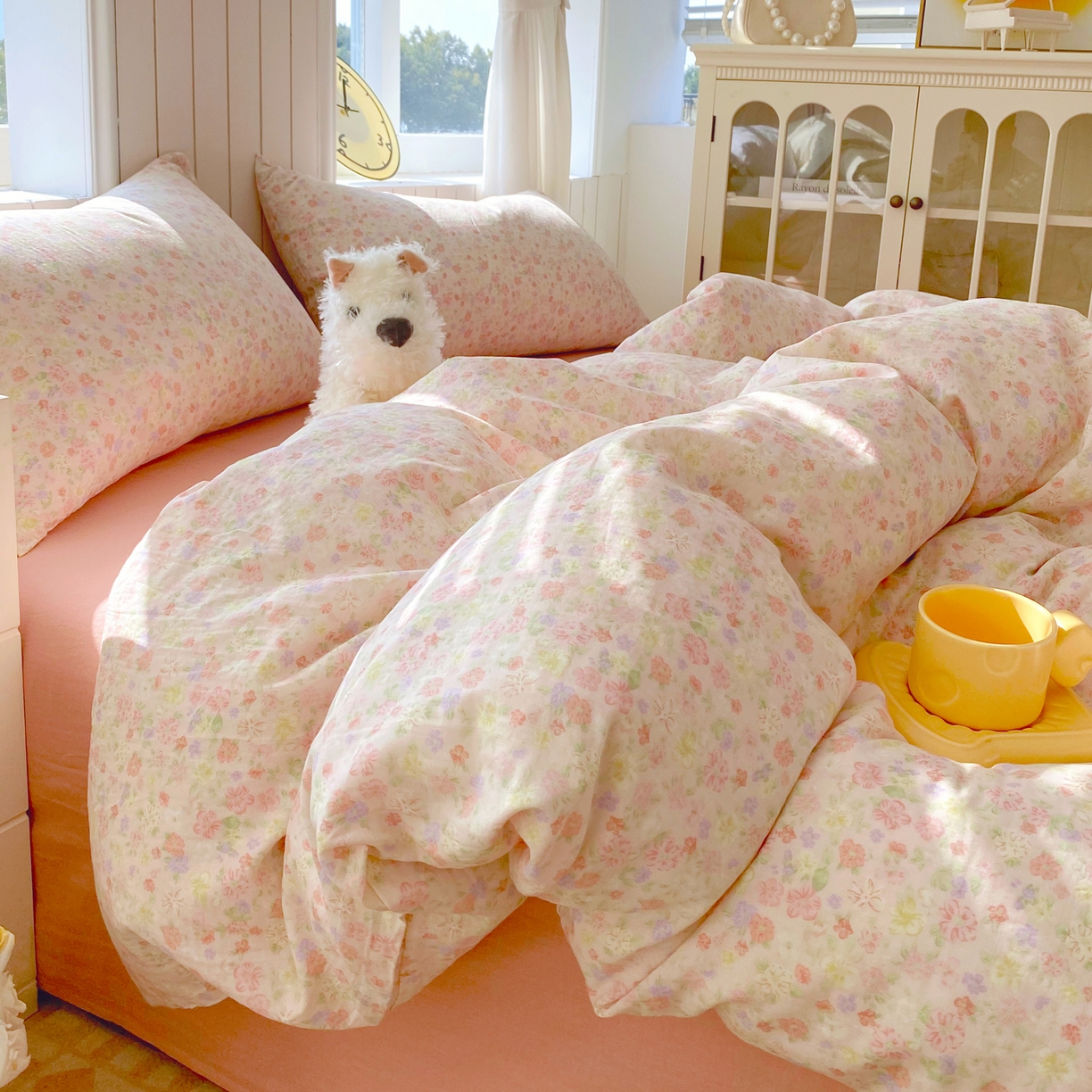 91家纺网 家纺一手货源 找家纺 春皖家纺 2026新款A类全棉有氧双层纱印花四件套单品系列-四件套 旧梦朝花