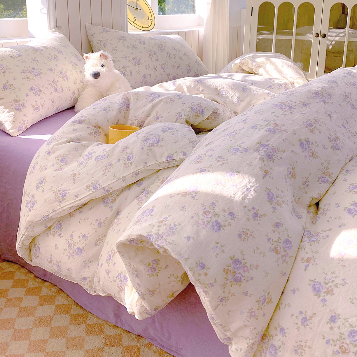 春皖家纺 2026新款A类全棉有氧双层纱印花四件套单品系列-四件套 雾染玫瑰