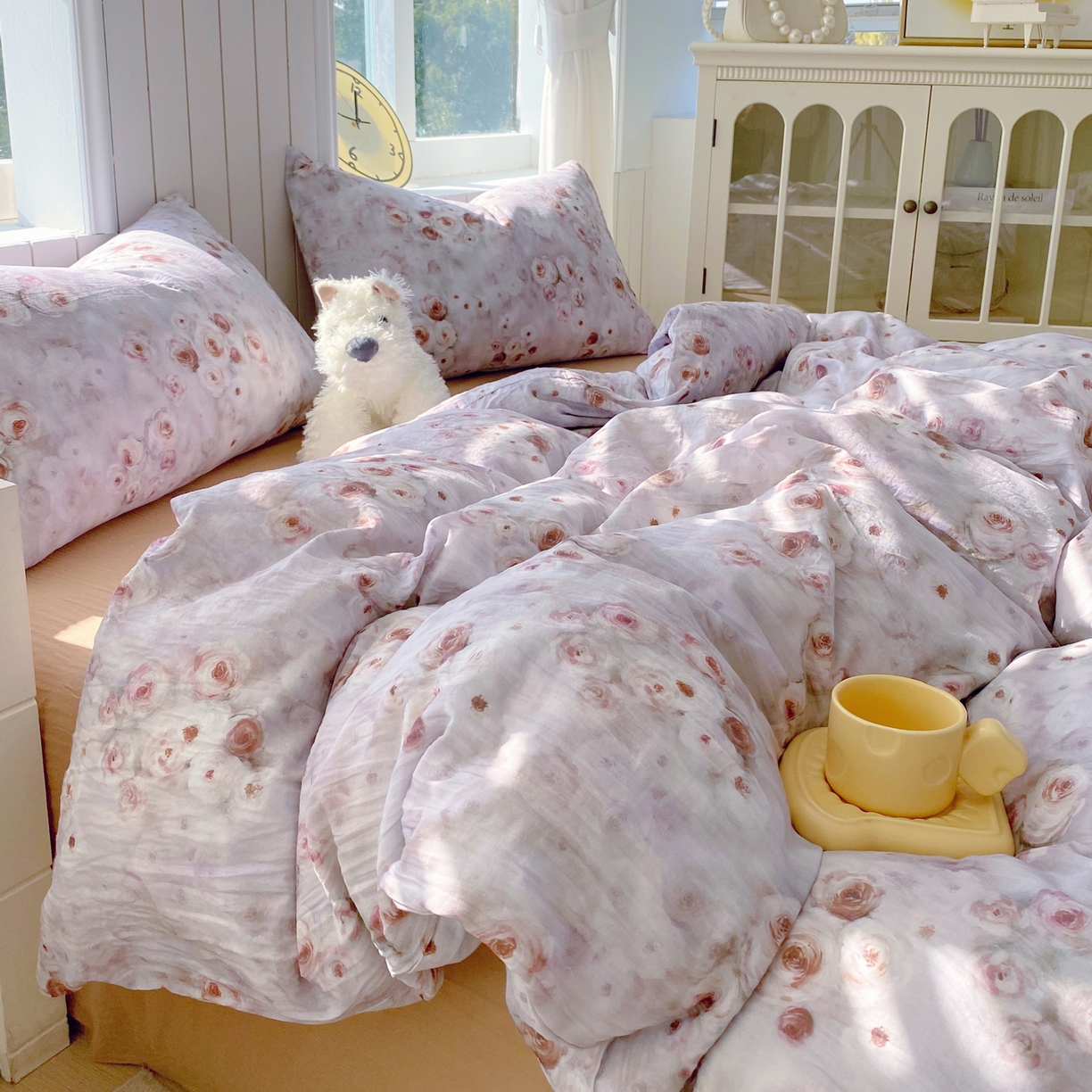 91家纺网 家纺一手货源 找家纺 春皖家纺 2026新款A类全棉有氧双层纱印花四件套单品系列-四件套 雾棕