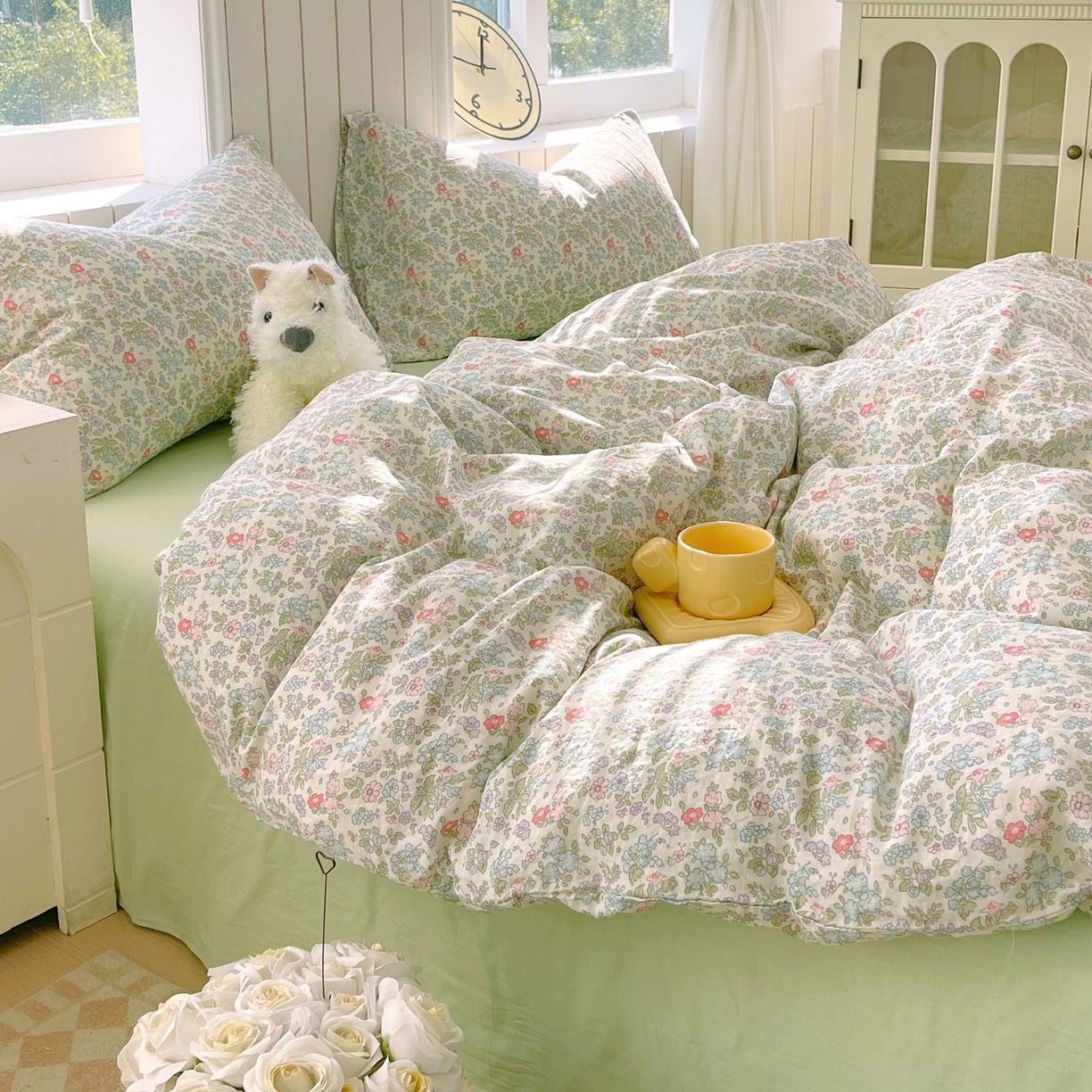 91家纺网 家纺一手货源 找家纺 春皖家纺 2026新款A类全棉有氧双层纱印花四件套单品系列-四件套 花町