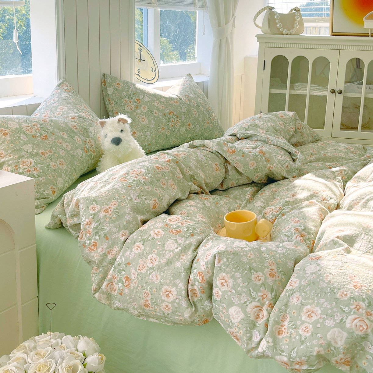 91家纺网 家纺一手货源 找家纺 春皖家纺 2026新款A类全棉有氧双层纱印花四件套单品系列-四件套 青茵