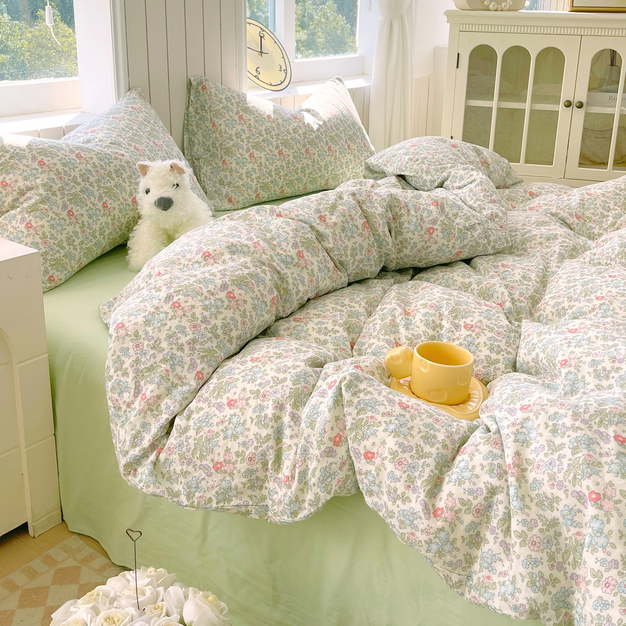 91家纺网 家纺一手货源 找家纺 春皖家纺 2026新款A类全棉有氧双层纱印花四件套单品系列-四件套 花町