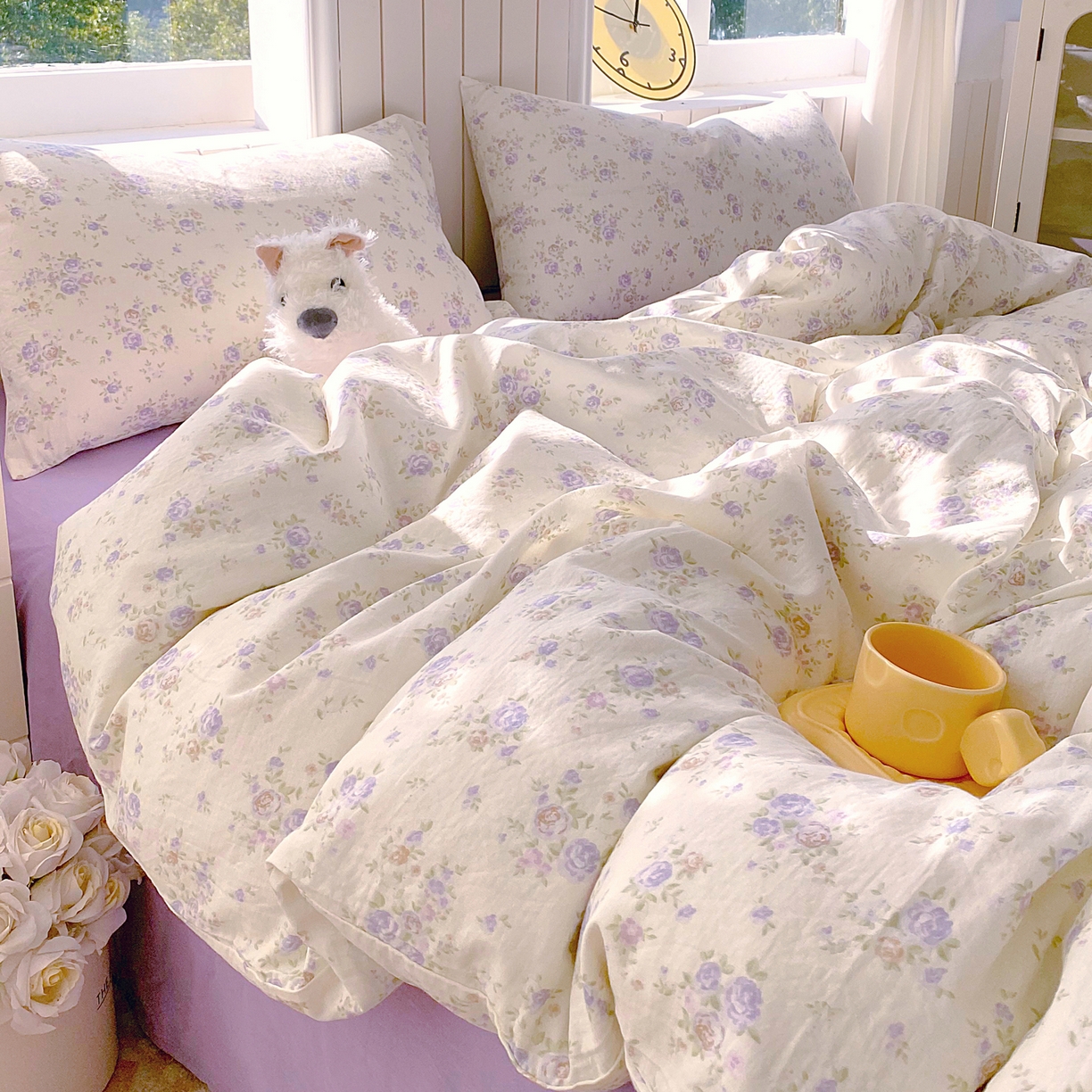 91家纺网 家纺一手货源 找家纺 春皖家纺 2026新款A类全棉有氧双层纱印花四件套单品系列-四件套 雾染玫瑰