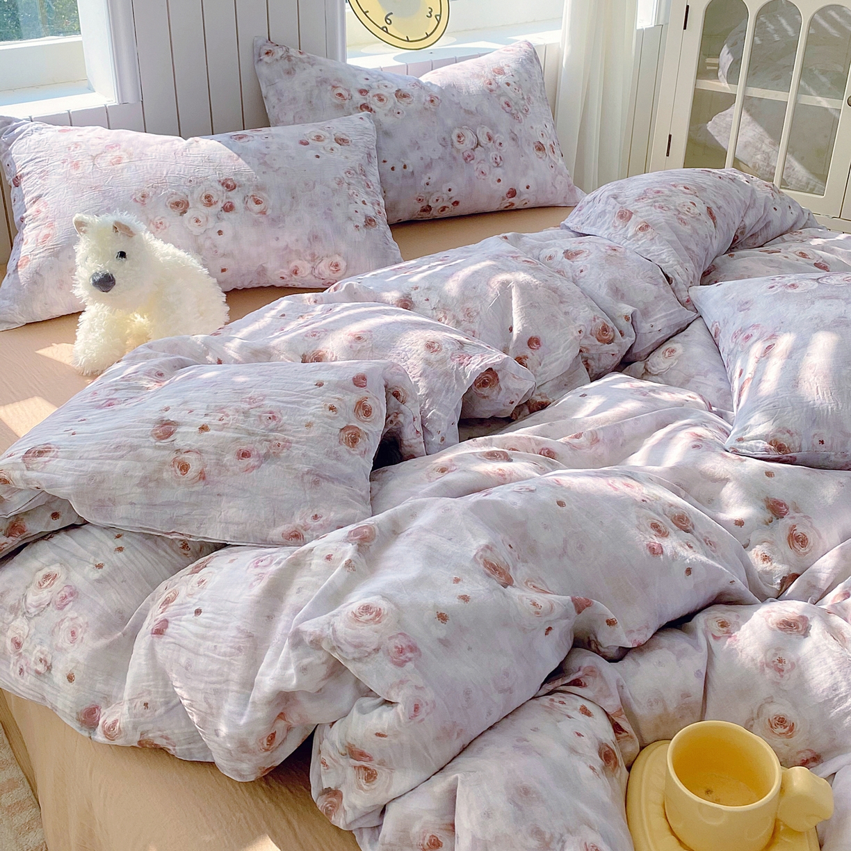 91家纺网 家纺一手货源 找家纺 春皖家纺 2026新款A类全棉有氧双层纱印花四件套单品系列-四件套 雾棕