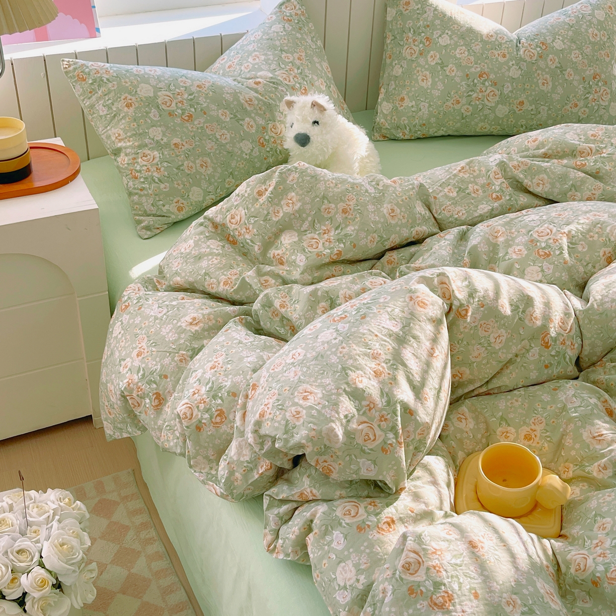 91家纺网 家纺一手货源 找家纺 春皖家纺 2026新款A类全棉有氧双层纱印花四件套单品系列-四件套 青茵