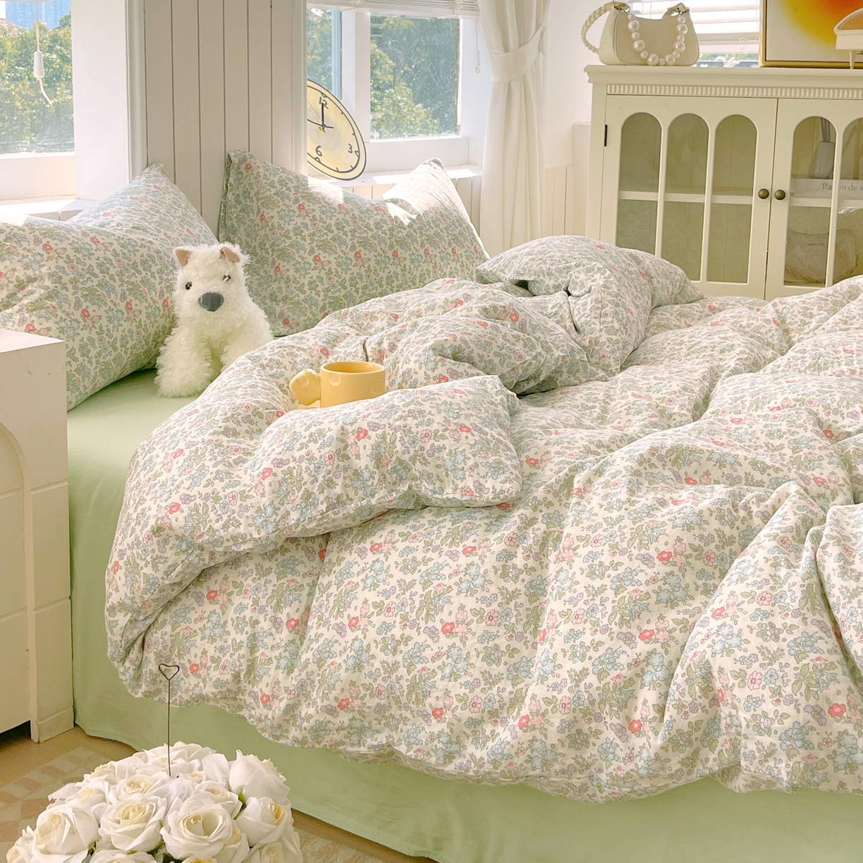 91家纺网 家纺一手货源 找家纺 春皖家纺 2026新款A类全棉有氧双层纱印花四件套单品系列-四件套 花町