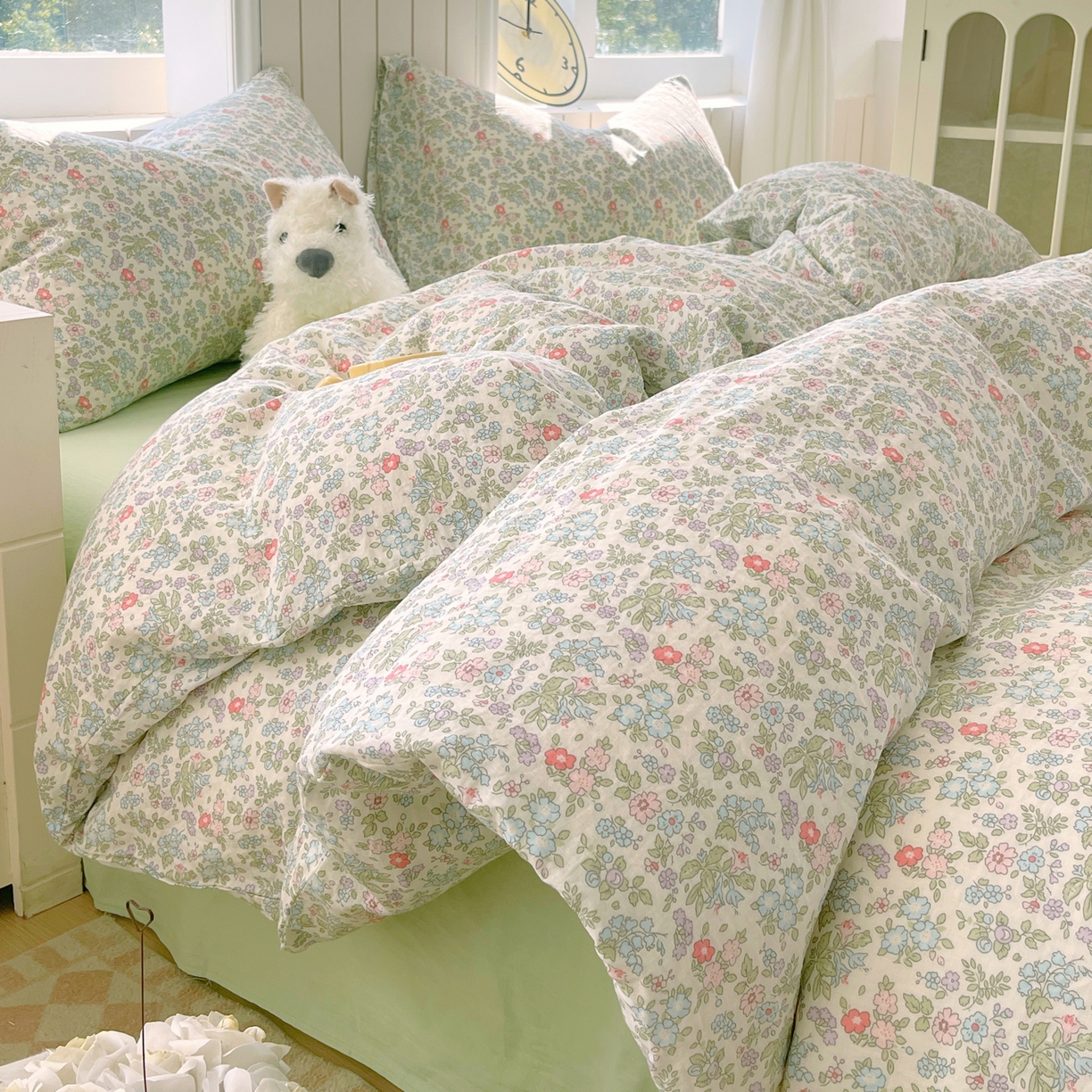 91家纺网 家纺一手货源 找家纺 春皖家纺 2026新款A类全棉有氧双层纱印花四件套单品系列-四件套 花町