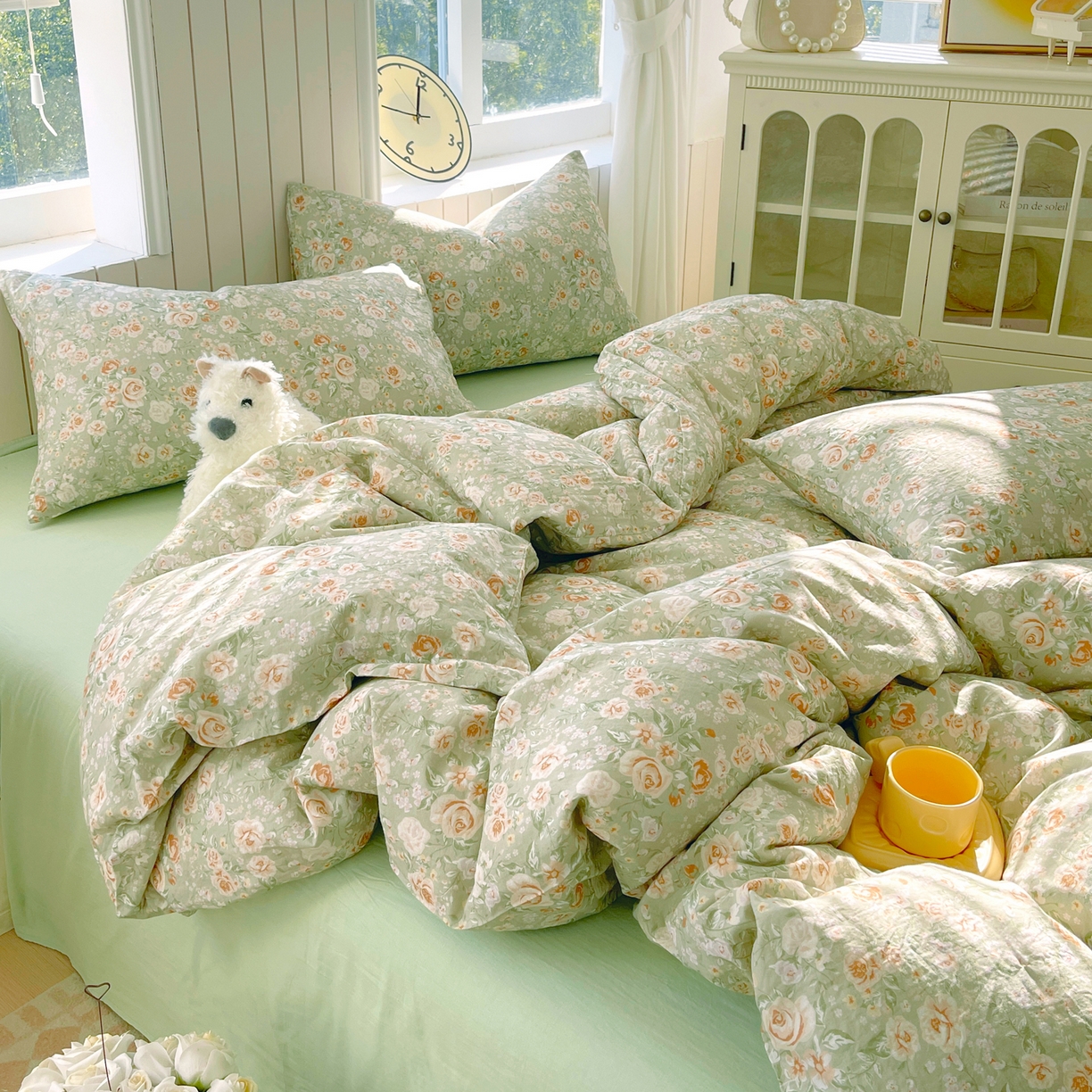 91家纺网 家纺一手货源 找家纺 春皖家纺 2026新款A类全棉有氧双层纱印花四件套单品系列-四件套 青茵