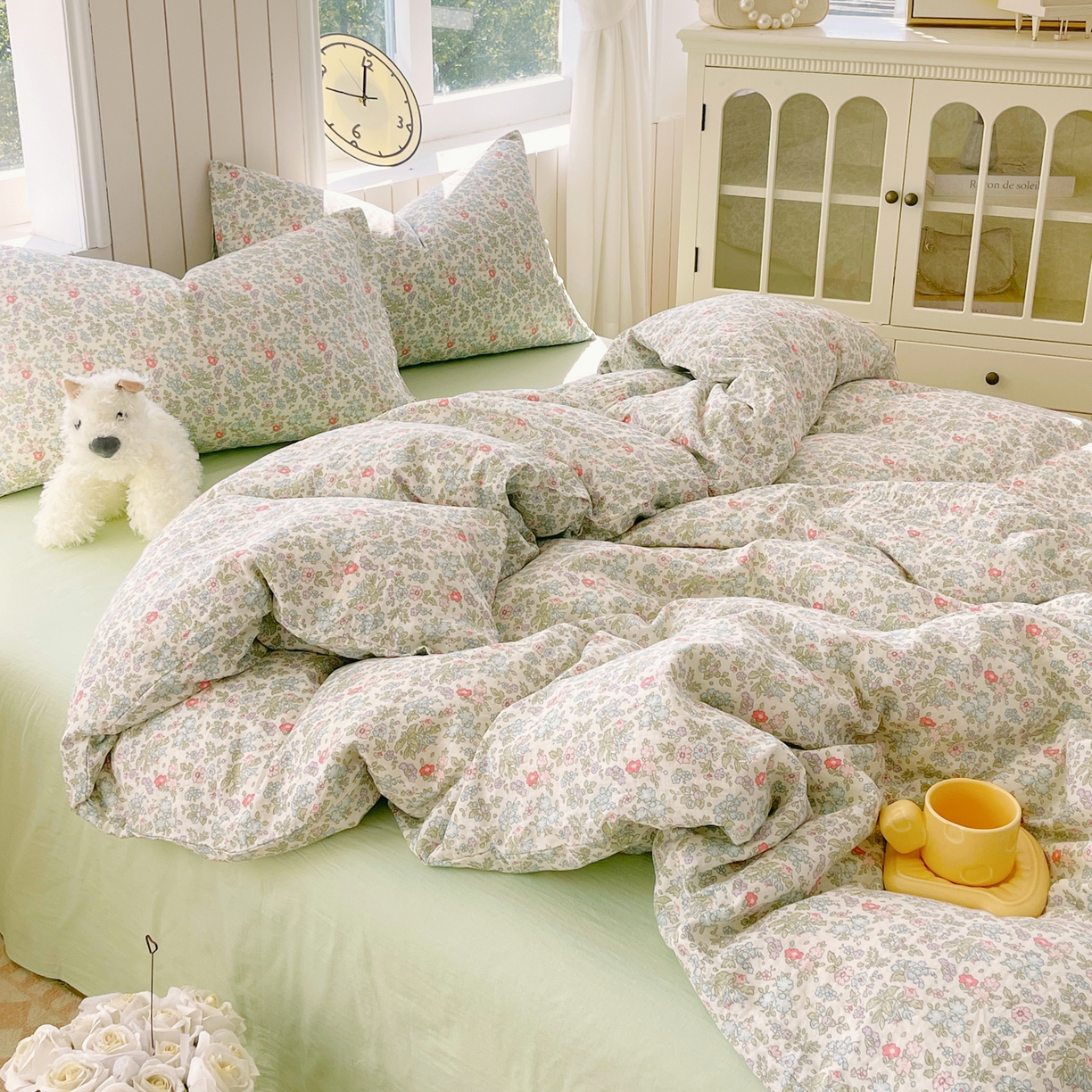 91家纺网 家纺一手货源 找家纺 春皖家纺 2026新款A类全棉有氧双层纱印花四件套单品系列-四件套 花町