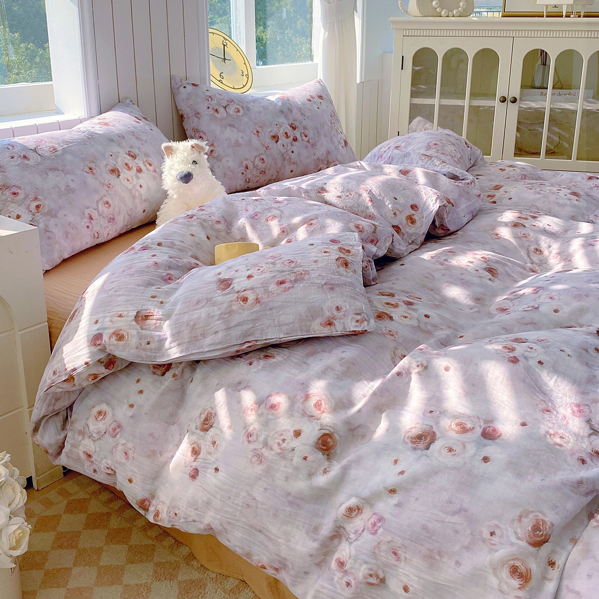 91家纺网 家纺一手货源 找家纺 春皖家纺 2026新款A类全棉有氧双层纱印花四件套单品系列-四件套 雾棕