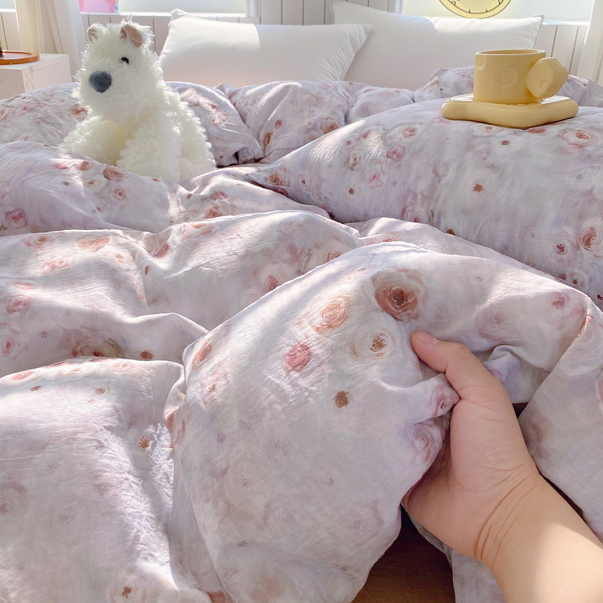 91家纺网 家纺一手货源 找家纺 春皖家纺 2026新款A类全棉有氧双层纱印花四件套单品系列-单被套 雾棕