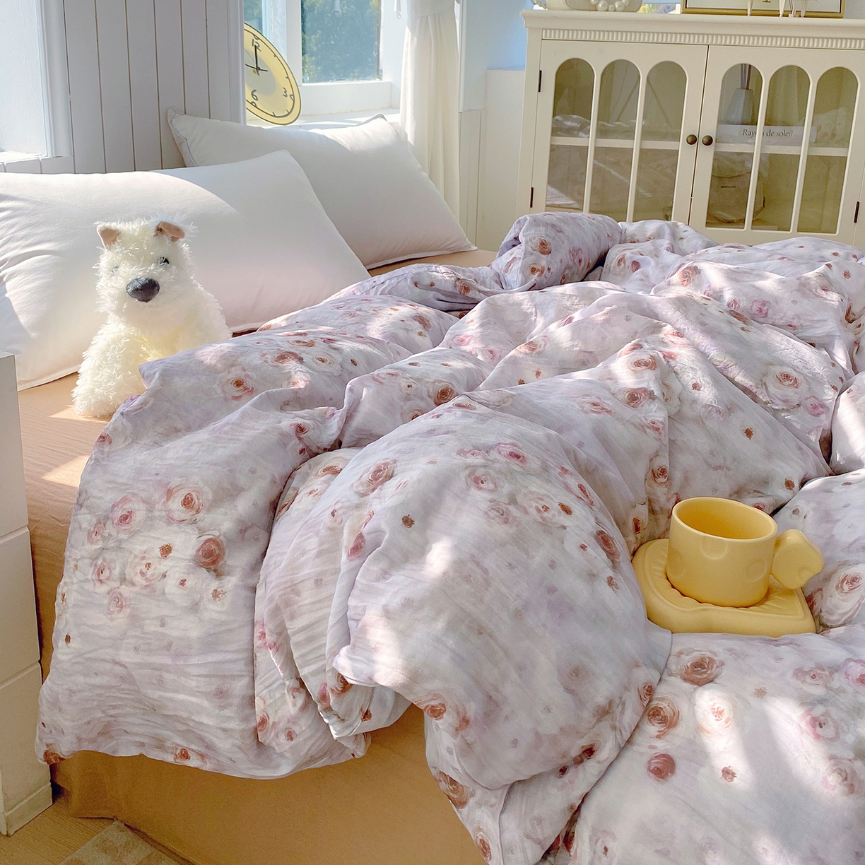 91家纺网 家纺一手货源 找家纺 春皖家纺 2026新款A类全棉有氧双层纱印花四件套单品系列-单被套 雾棕