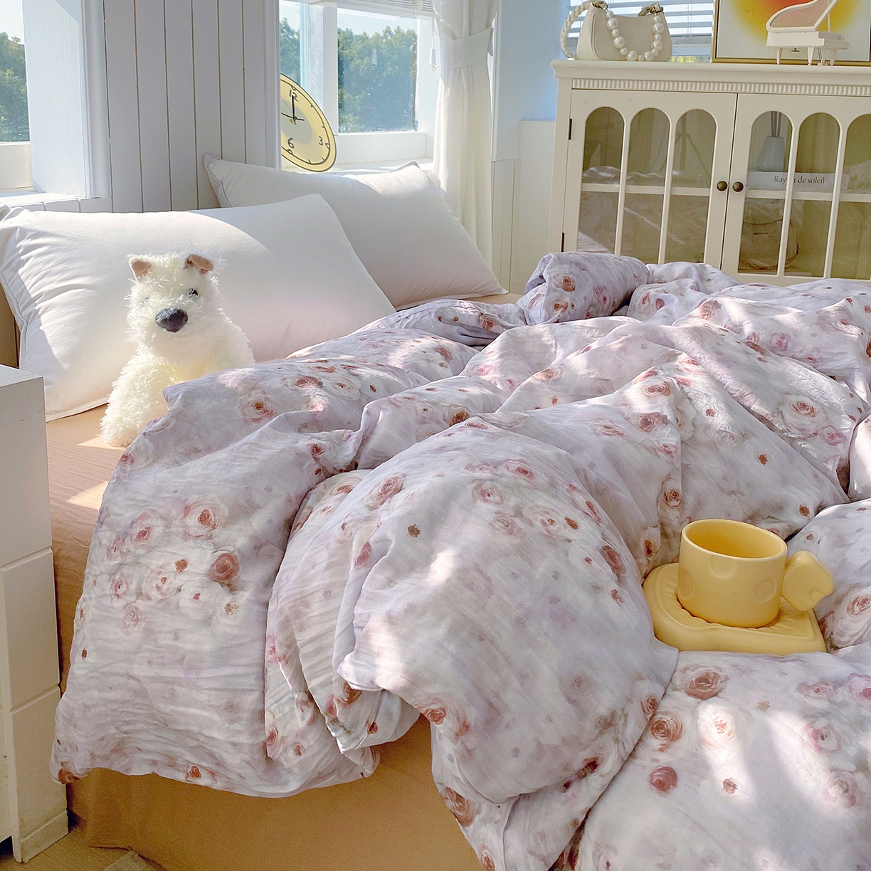 91家纺网 家纺一手货源 找家纺 春皖家纺 2026新款A类全棉有氧双层纱印花四件套单品系列-单被套 雾棕