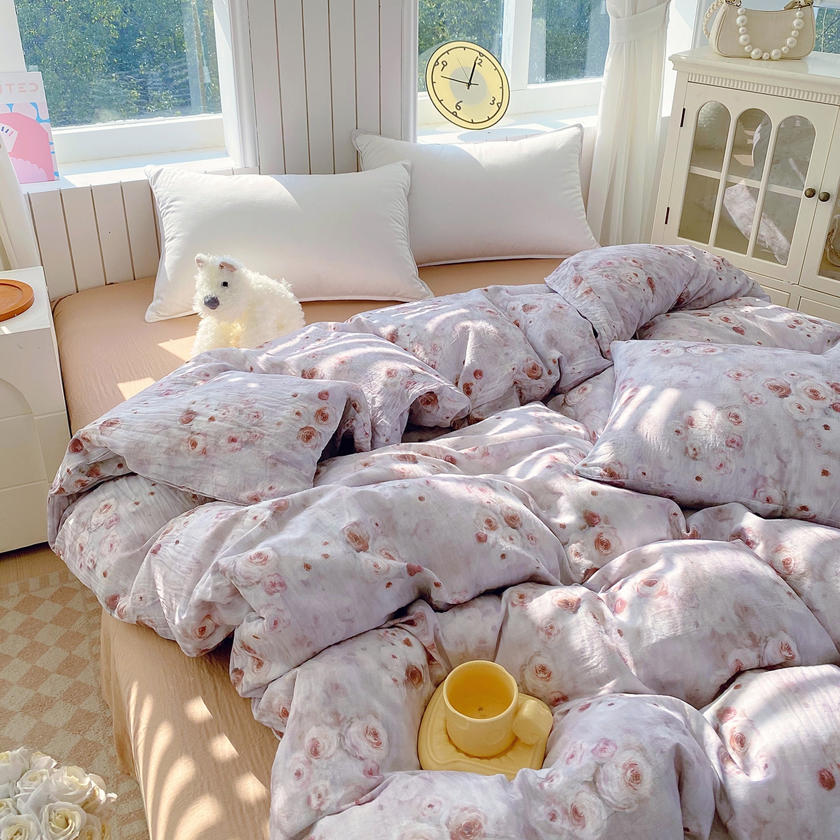 91家纺网 家纺一手货源 找家纺 春皖家纺 2026新款A类全棉有氧双层纱印花四件套单品系列-单被套 雾棕