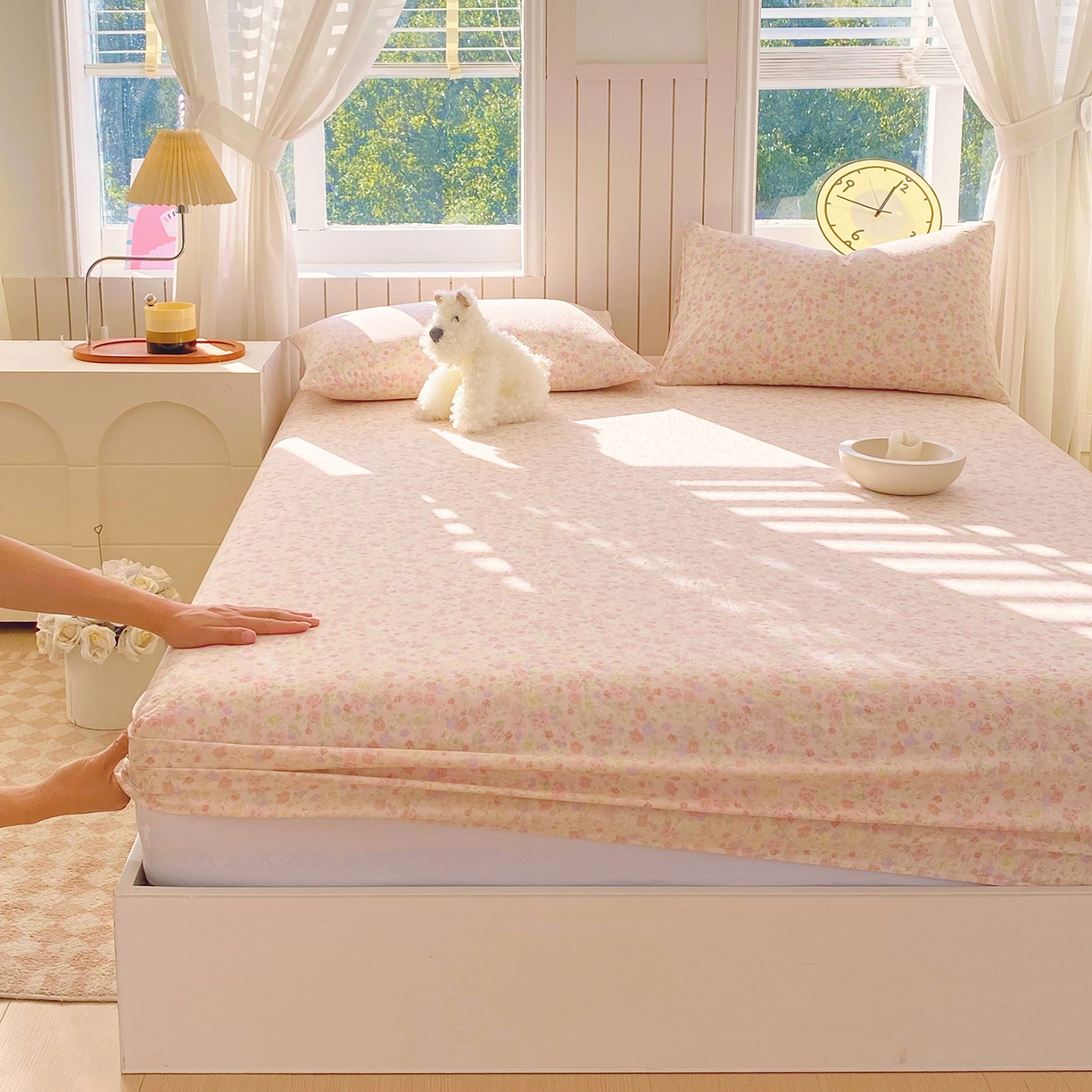 91家纺网 家纺一手货源 找家纺 春皖家纺 2026新款A类全棉有氧双层纱印花四件套单品系列-单床笠 旧梦朝花