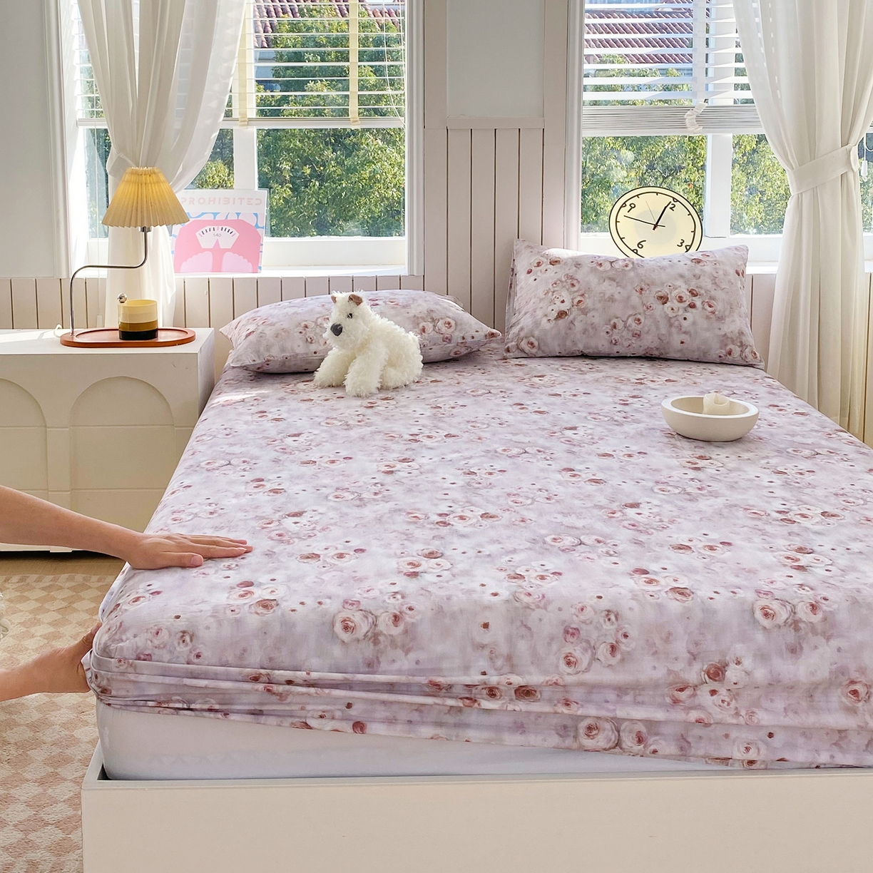 91家纺网 家纺一手货源 找家纺 春皖家纺 2026新款A类全棉有氧双层纱印花四件套单品系列-单床笠 雾棕