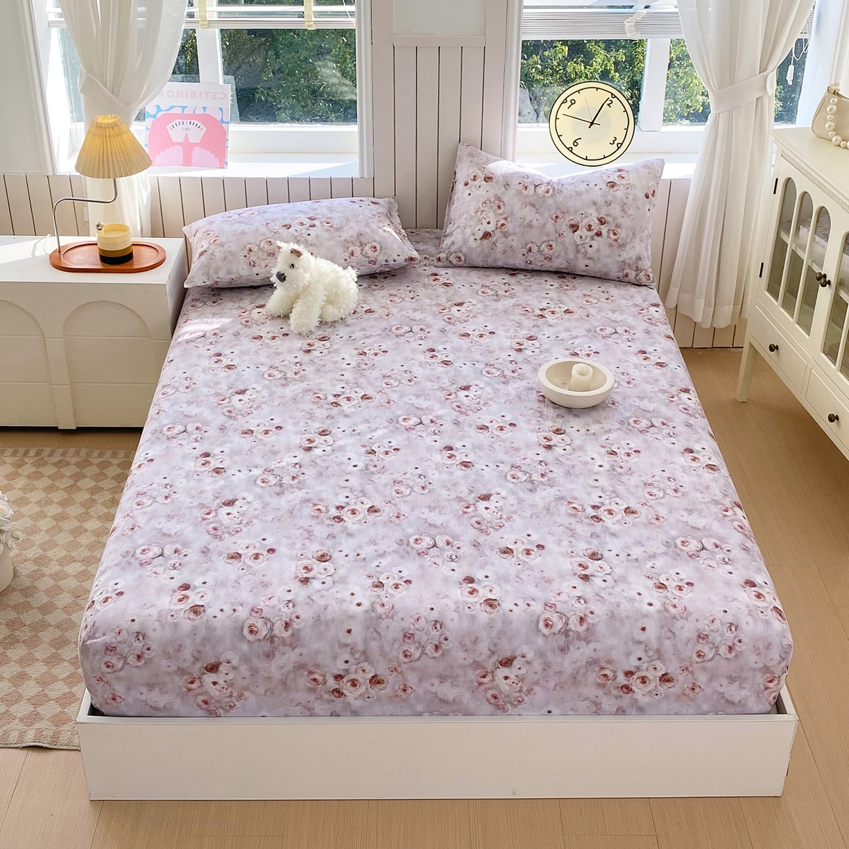 91家纺网 家纺一手货源 找家纺 春皖家纺 2026新款A类全棉有氧双层纱印花四件套单品系列-单床笠 雾棕