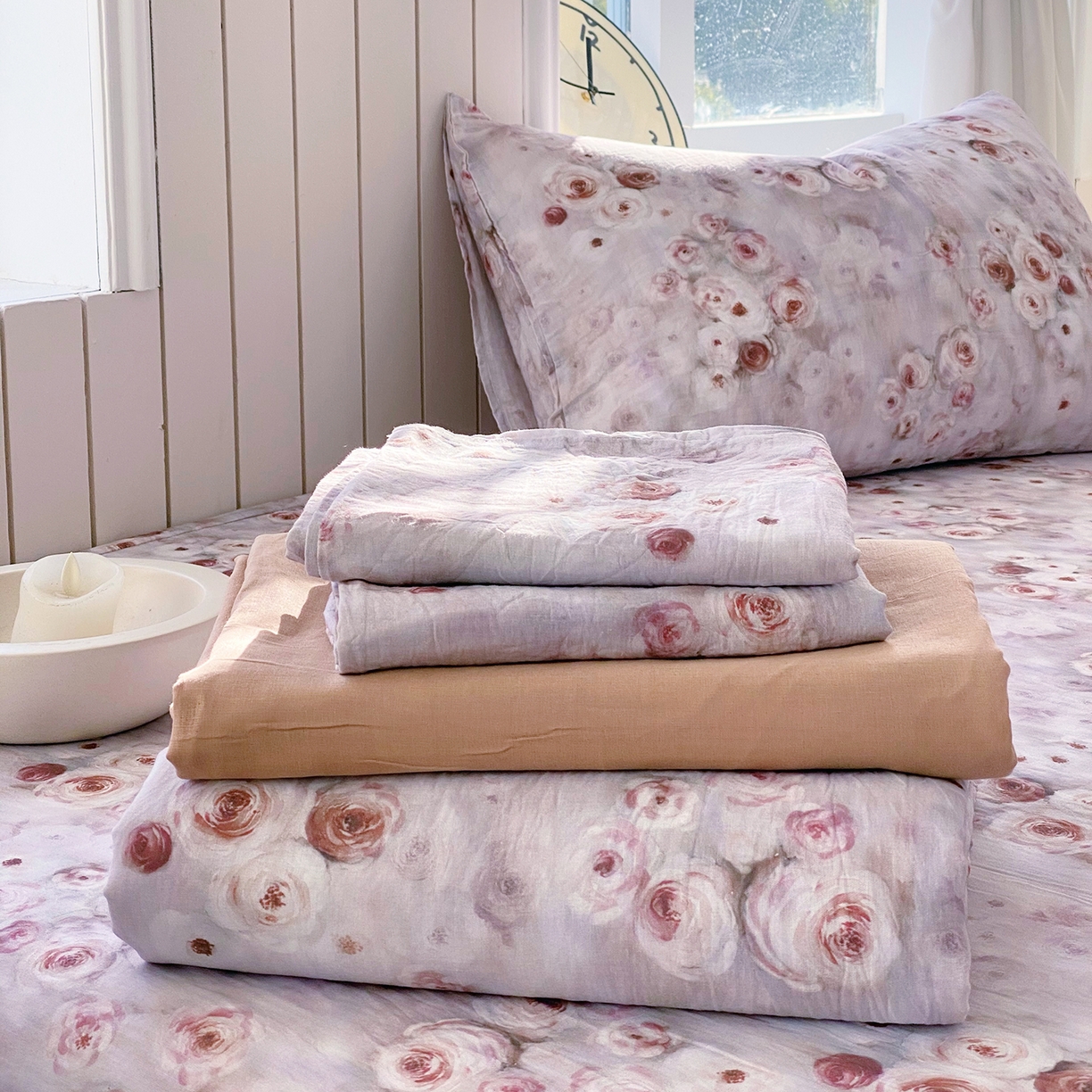 91家纺网 家纺一手货源 找家纺 春皖家纺 2026新款A类全棉有氧双层纱印花四件套单品系列-单床笠 雾棕