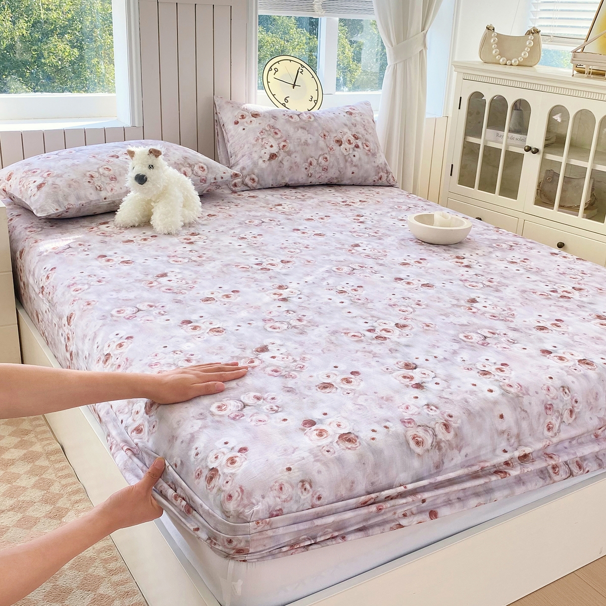 春皖家纺 2026新款A类全棉有氧双层纱印花四件套单品系列-单床笠 雾棕