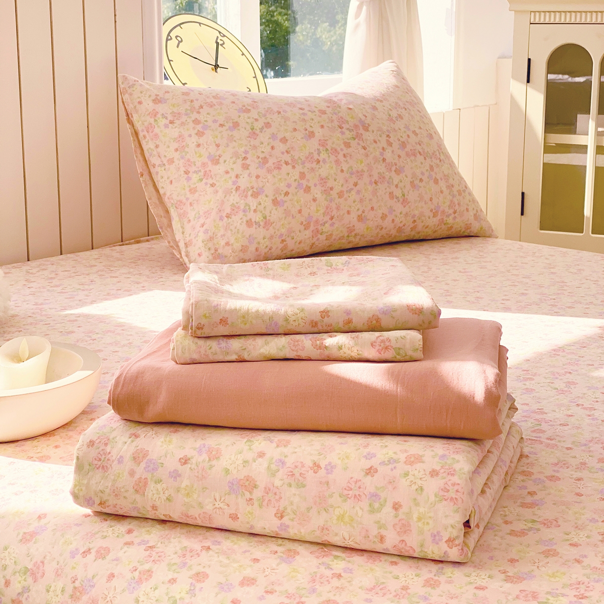 91家纺网 家纺一手货源 找家纺 春皖家纺 2026新款A类全棉有氧双层纱印花四件套单品系列-单床笠 旧梦朝花