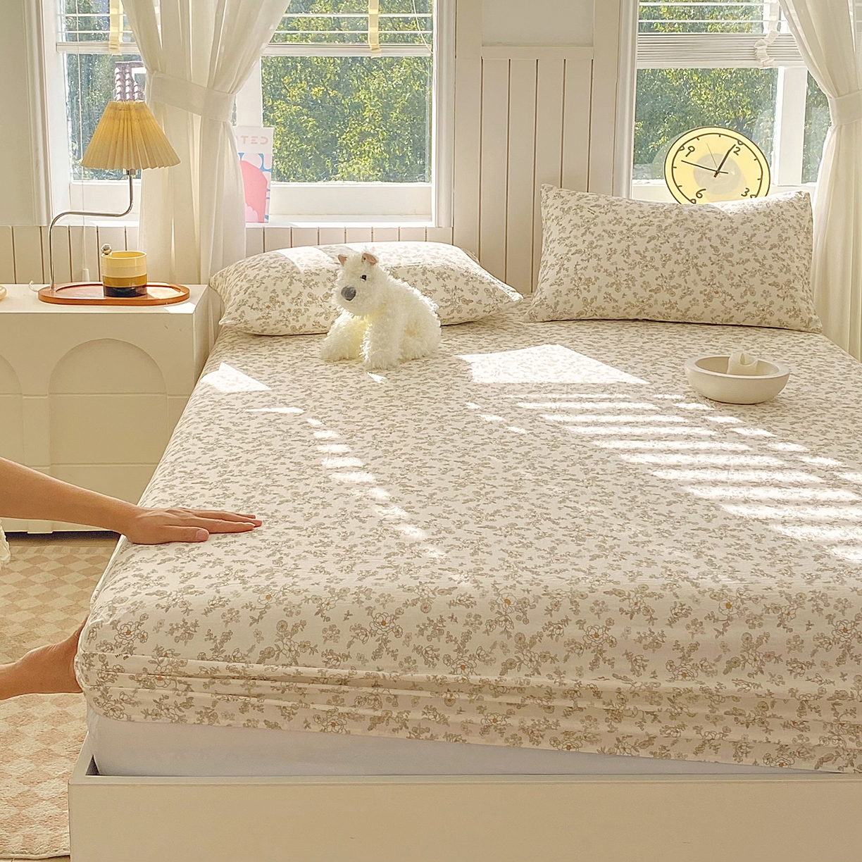 91家纺网 家纺一手货源 找家纺 春皖家纺 2026新款A类全棉有氧双层纱印花四件套单品系列-单床笠 花织