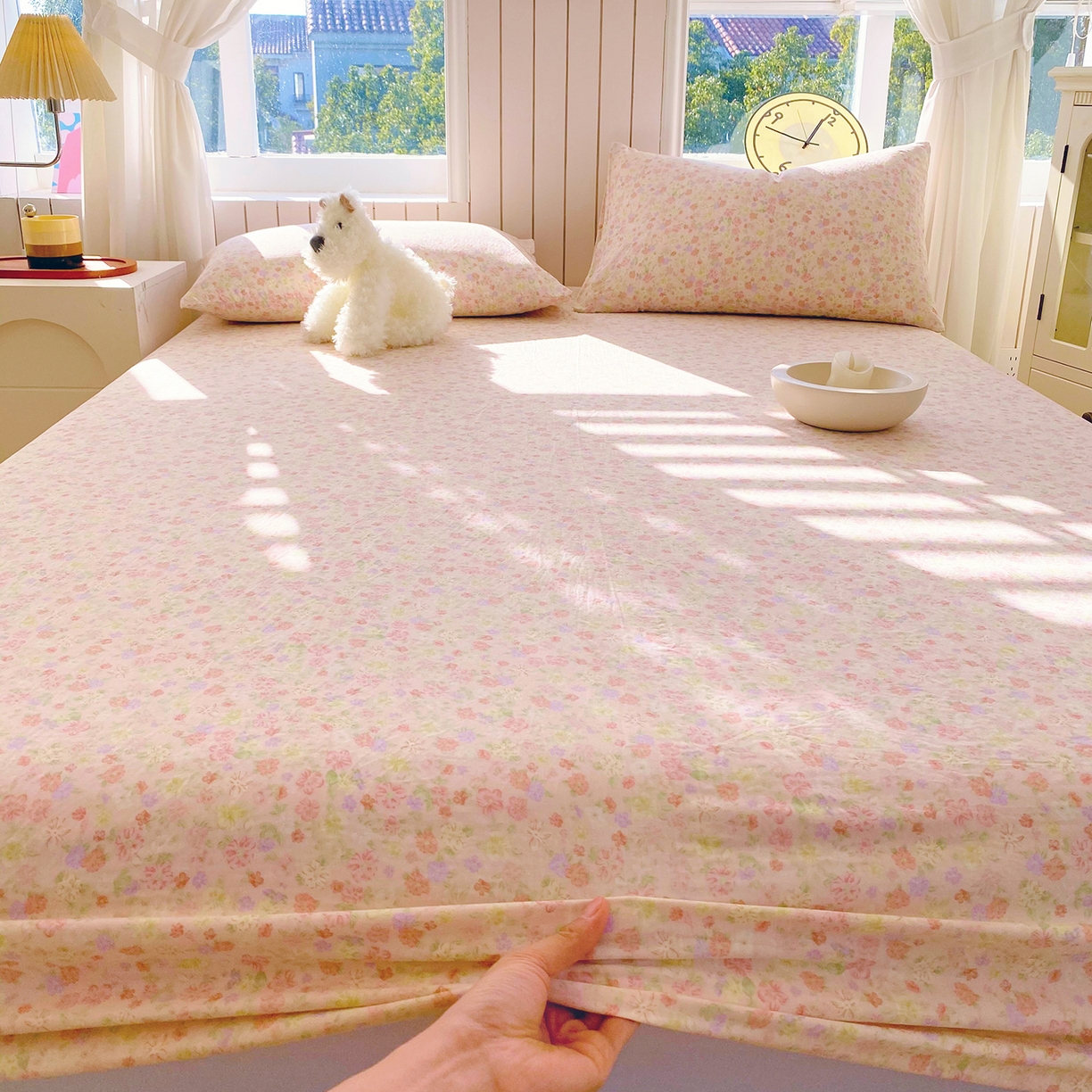 91家纺网 家纺一手货源 找家纺 春皖家纺 2026新款A类全棉有氧双层纱印花四件套单品系列-单床笠 旧梦朝花