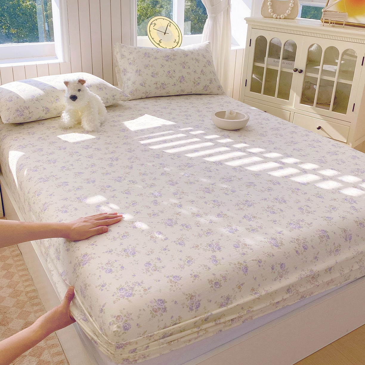 春皖家纺 2026新款A类全棉有氧双层纱印花四件套单品系列-单床笠 雾染玫瑰