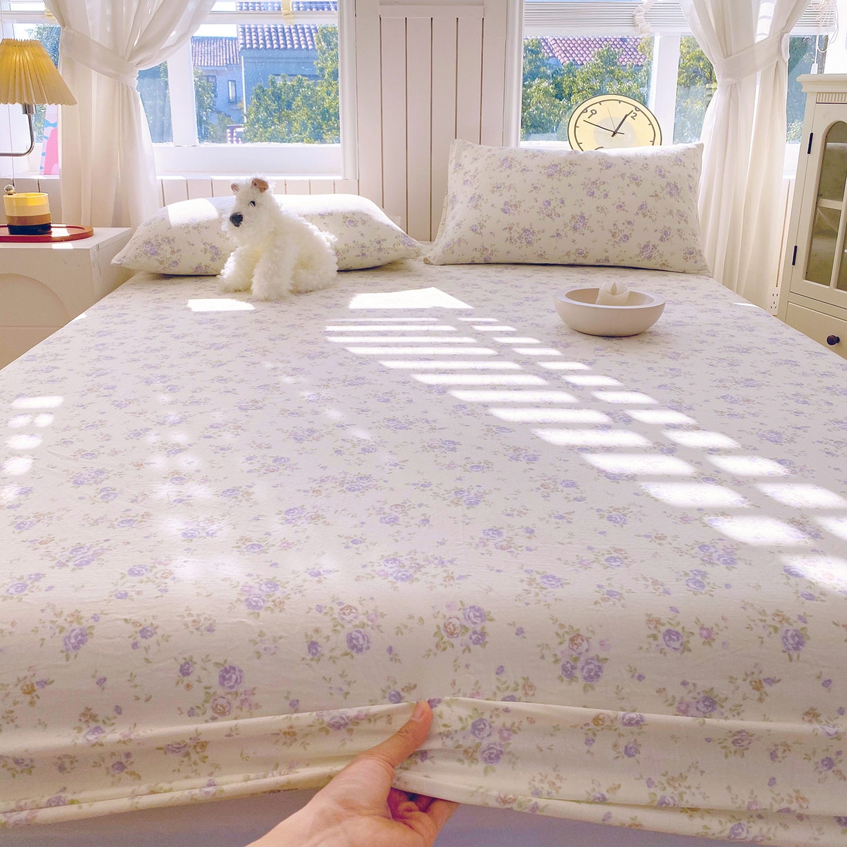 91家纺网 家纺一手货源 找家纺 春皖家纺 2026新款A类全棉有氧双层纱印花四件套单品系列-单床笠 雾染玫瑰