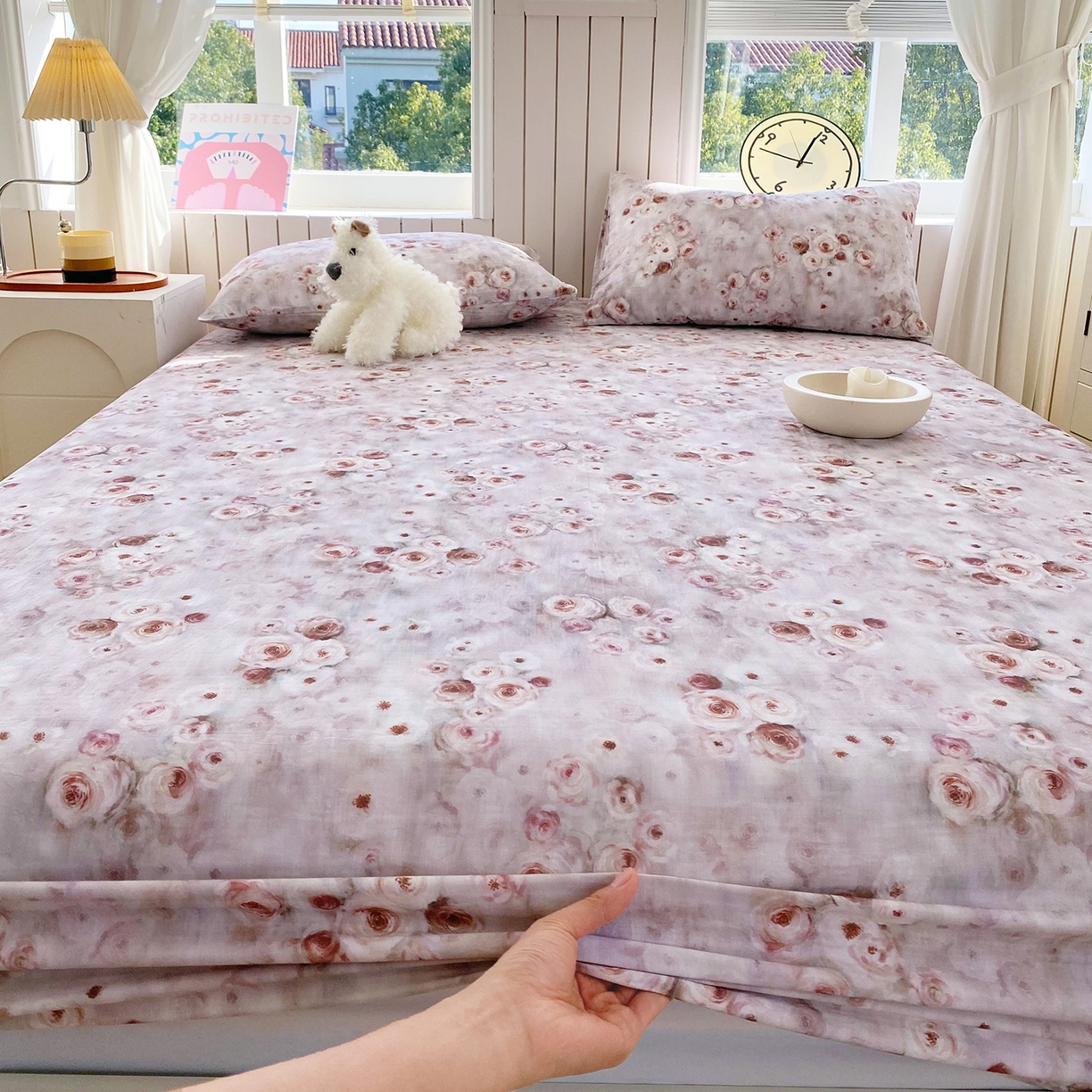 91家纺网 家纺一手货源 找家纺 春皖家纺 2026新款A类全棉有氧双层纱印花四件套单品系列-单床笠 雾棕