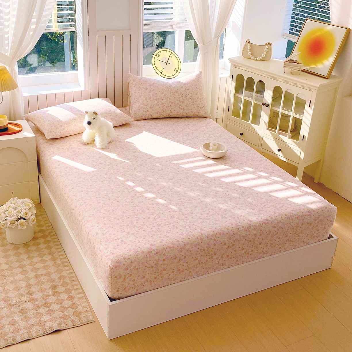 91家纺网 家纺一手货源 找家纺 春皖家纺 2026新款A类全棉有氧双层纱印花四件套单品系列-单床笠 旧梦朝花