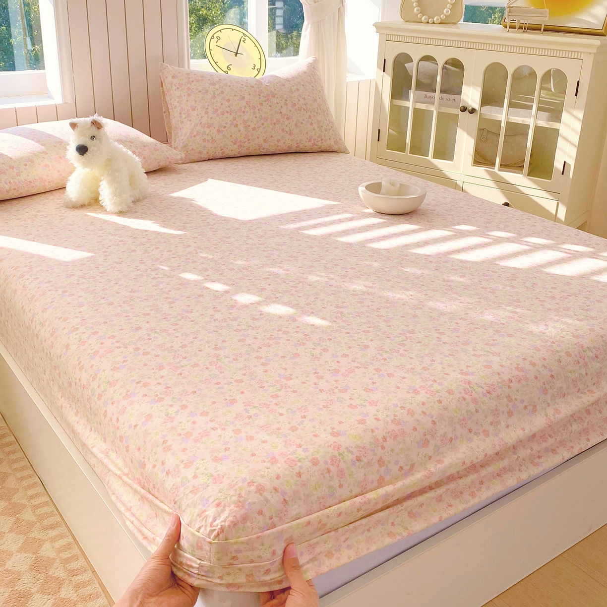 91家纺网 家纺一手货源 找家纺 春皖家纺 2026新款A类全棉有氧双层纱印花四件套单品系列-单床笠 旧梦朝花