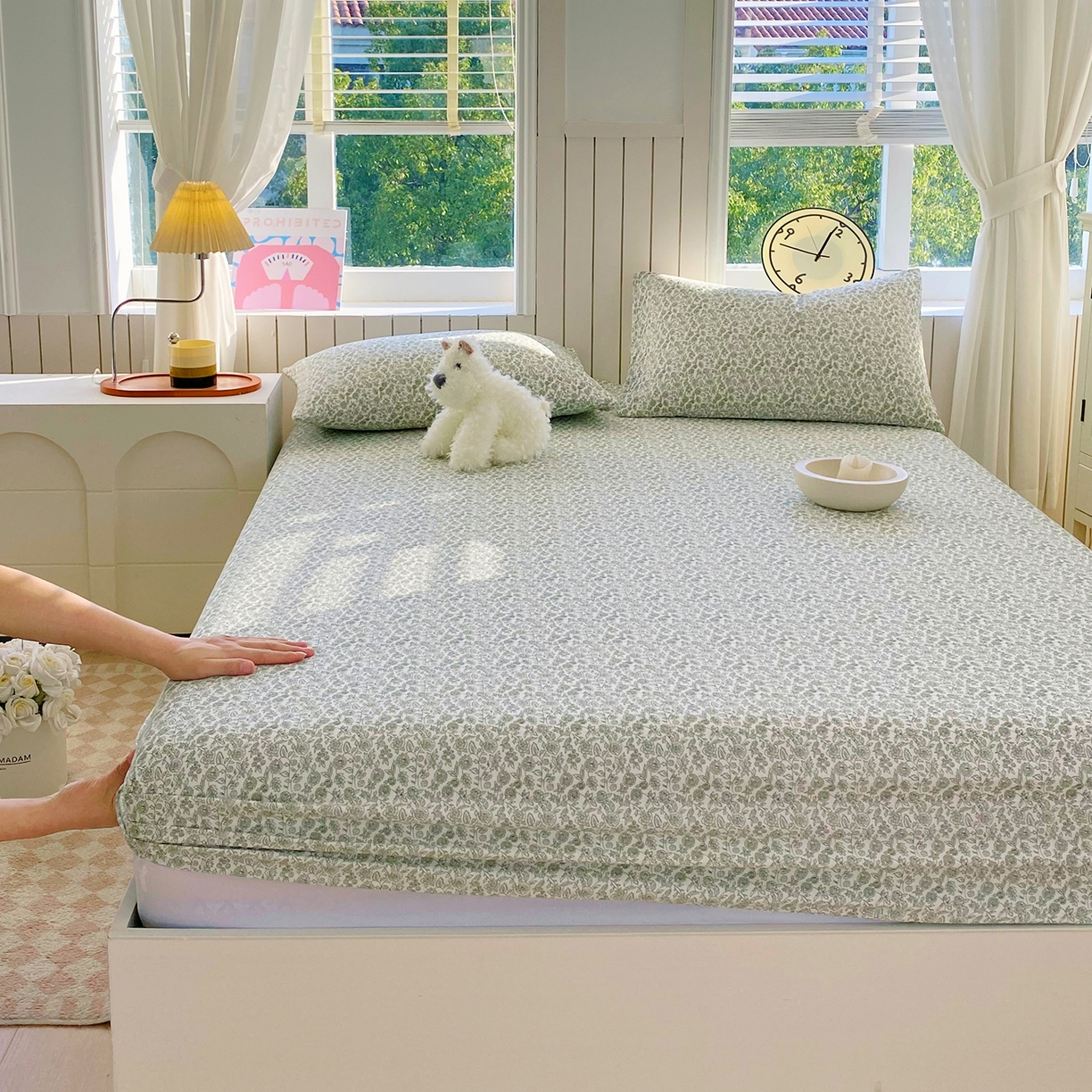 91家纺网 家纺一手货源 找家纺 春皖家纺 2026新款A类全棉有氧双层纱印花四件套单品系列-单床笠 暮春