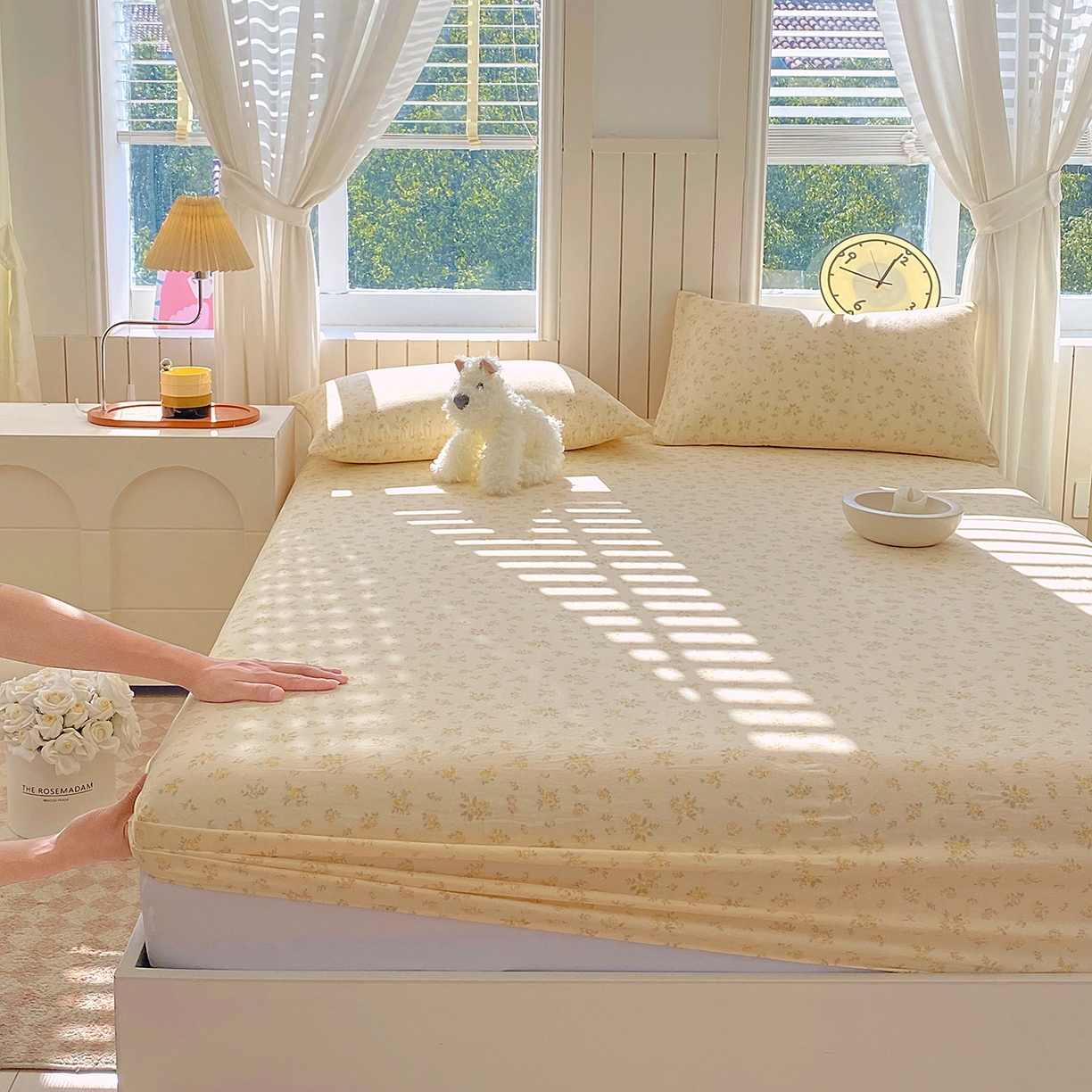 91家纺网 家纺一手货源 找家纺 春皖家纺 2026新款A类全棉有氧双层纱印花四件套单品系列-单床笠 晴丝一缕