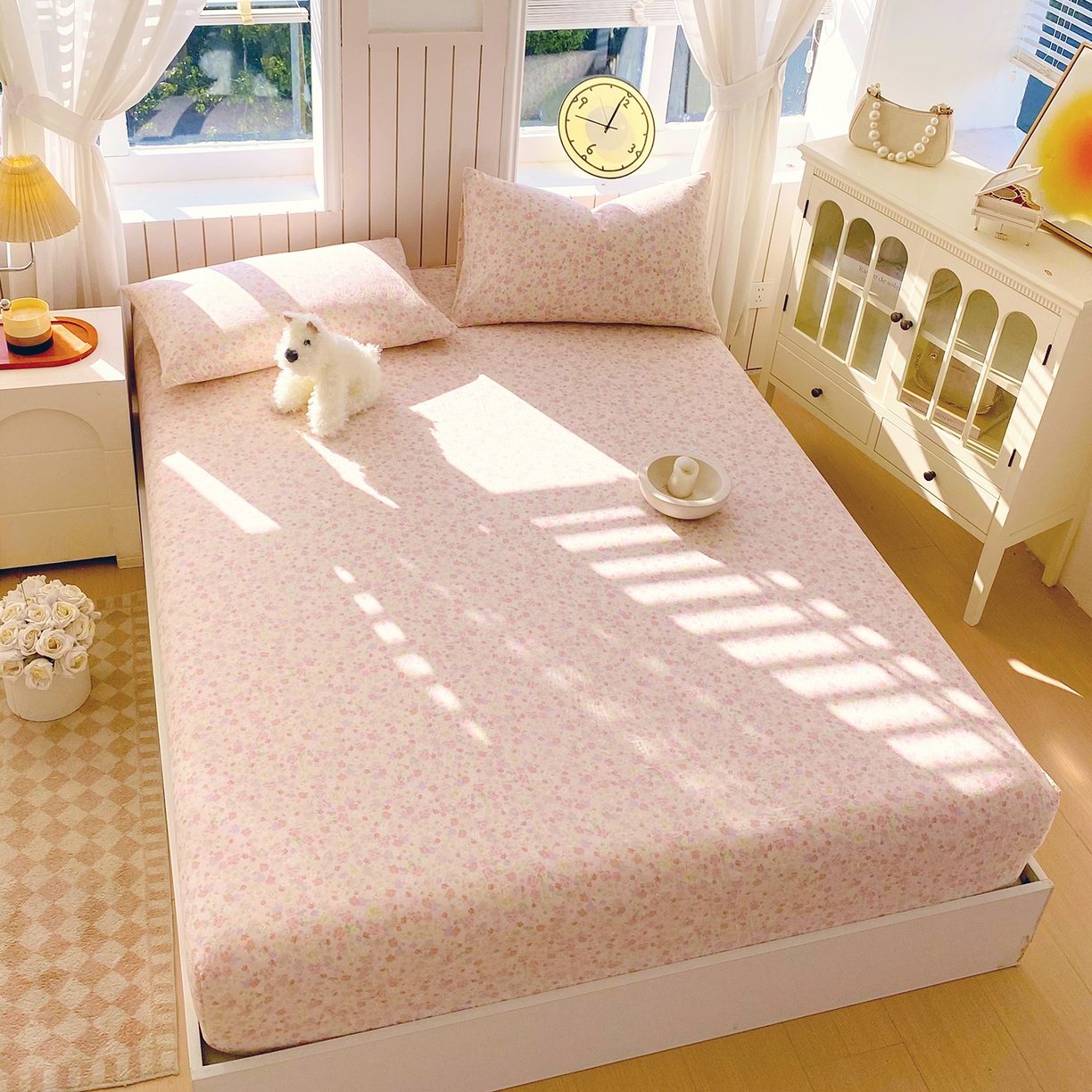 91家纺网 家纺一手货源 找家纺 春皖家纺 2026新款A类全棉有氧双层纱印花四件套单品系列-单床笠 旧梦朝花