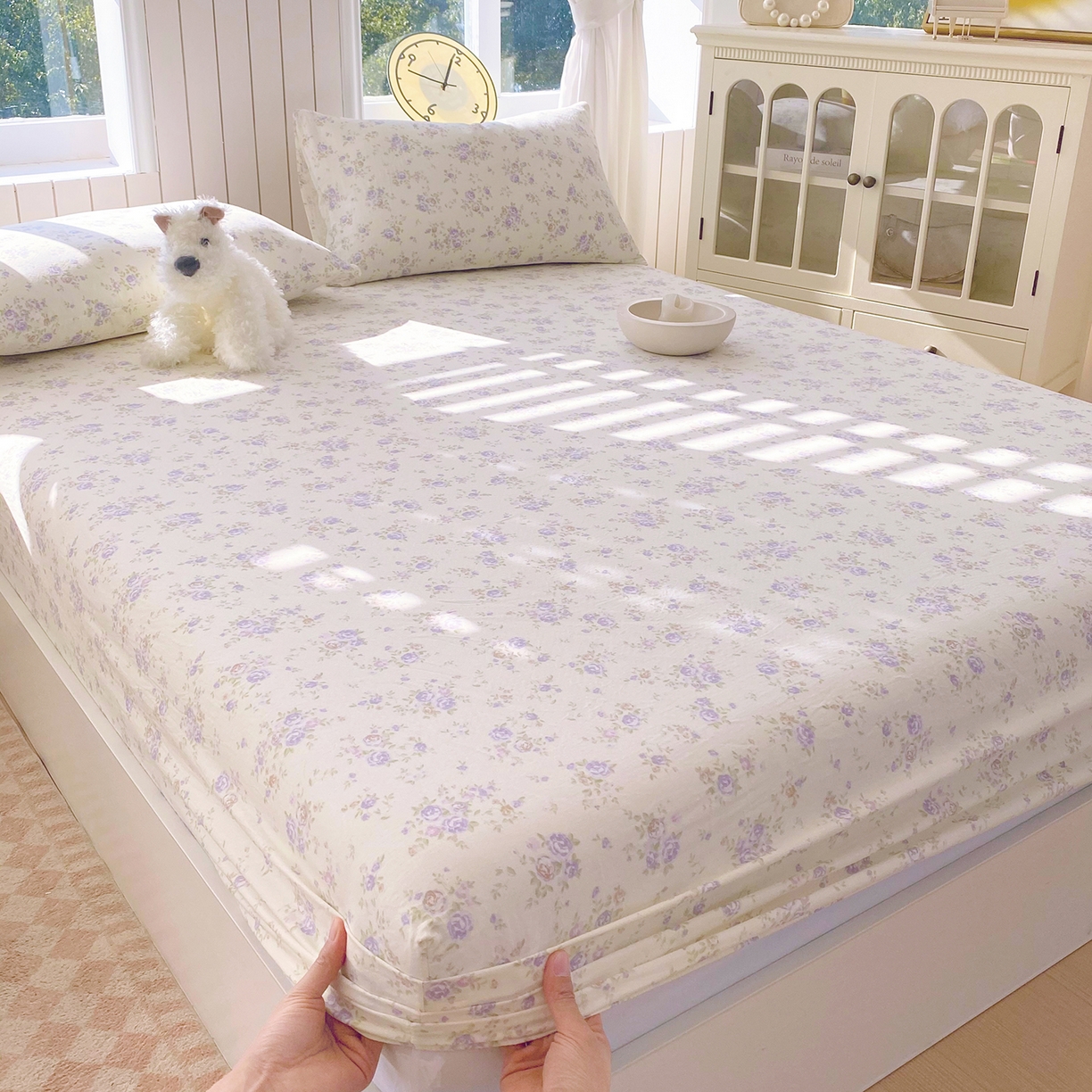 91家纺网 家纺一手货源 找家纺 春皖家纺 2026新款A类全棉有氧双层纱印花四件套单品系列-单床笠 雾染玫瑰